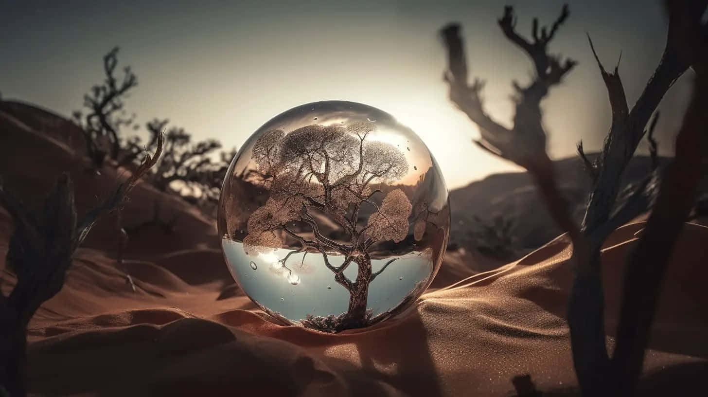 crystal ball, desert sand, thriving tree, HD Desktop Wallpaper