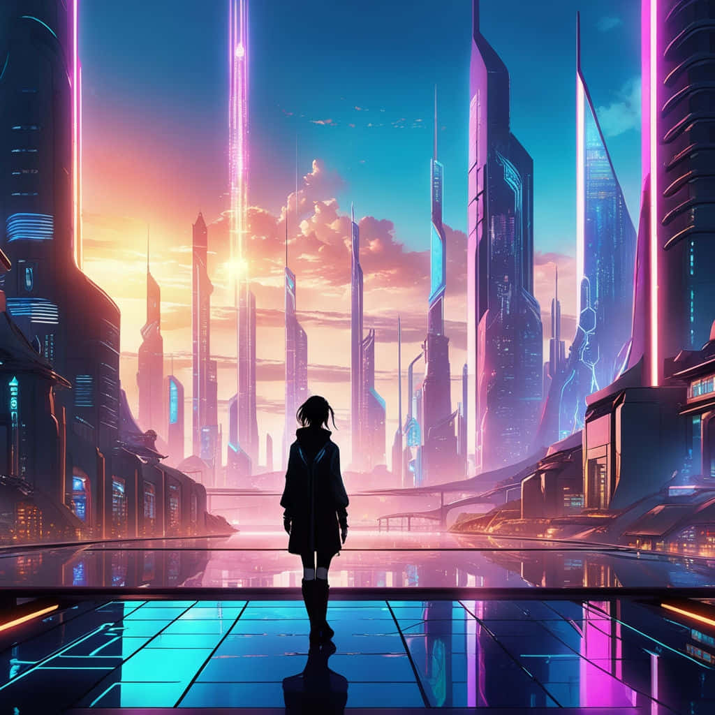 Dreamcore Cybercity Sunset, glowing blue platform, neon-lit skyscrapers, SD Desktop Wallpaper