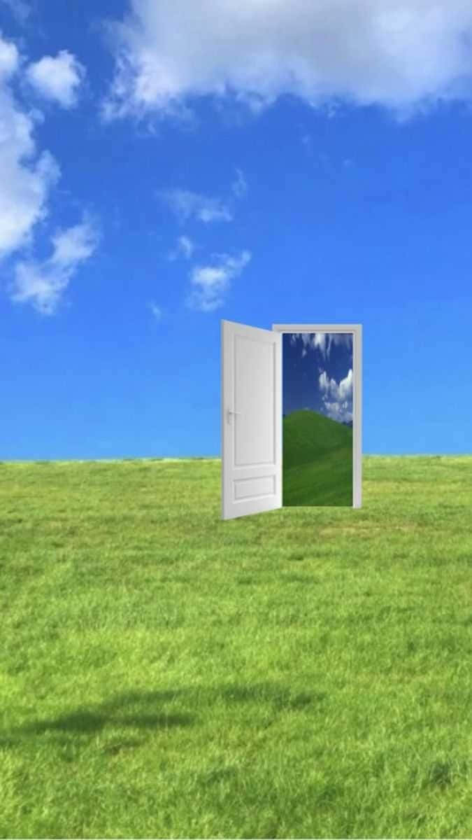 white door, vibrant green field, bright blue sky, SD Phone Wallpaper