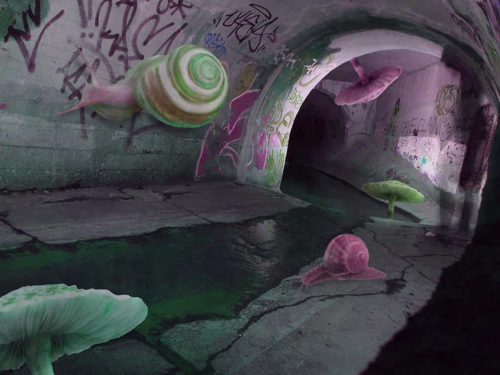 Dreamcore, snails, graffiti tunnel, SD Desktop Wallpaper