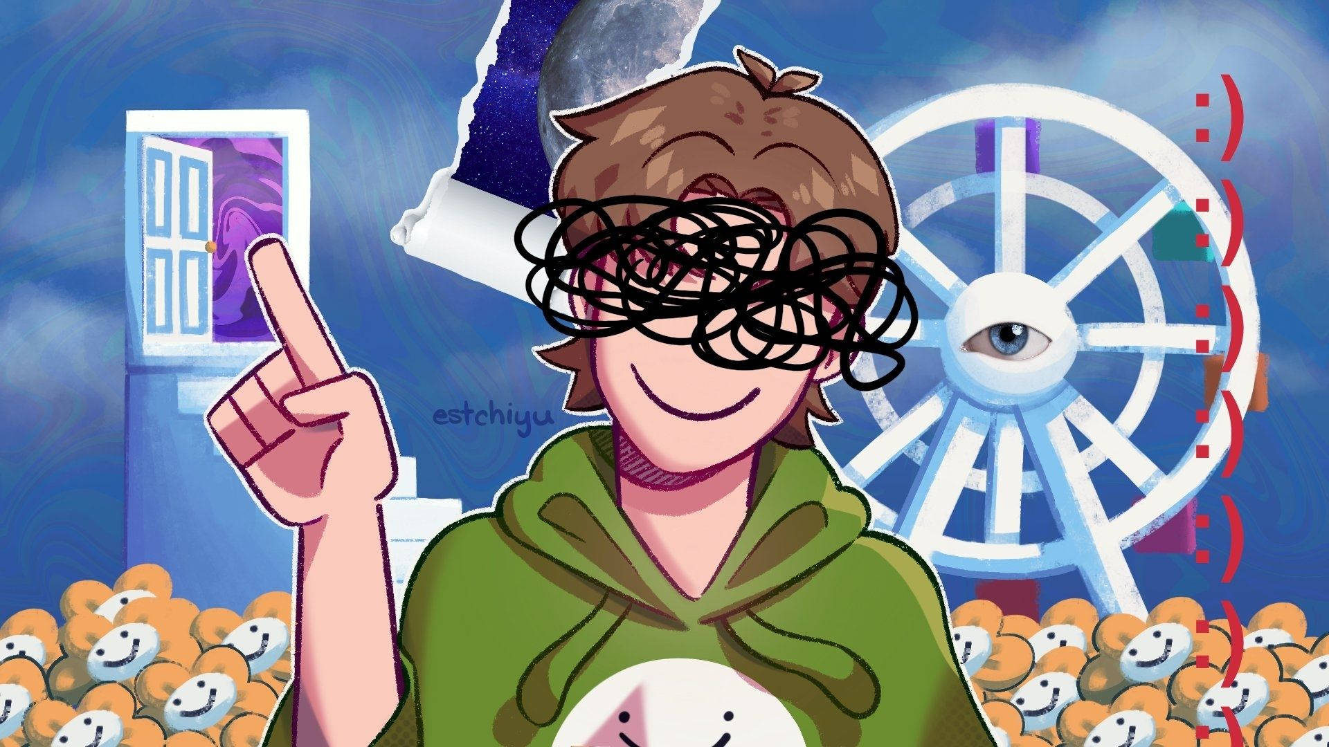Dreamcore Boy, smiling Ferris wheel, smiling plushies, Full HD Desktop Wallpaper