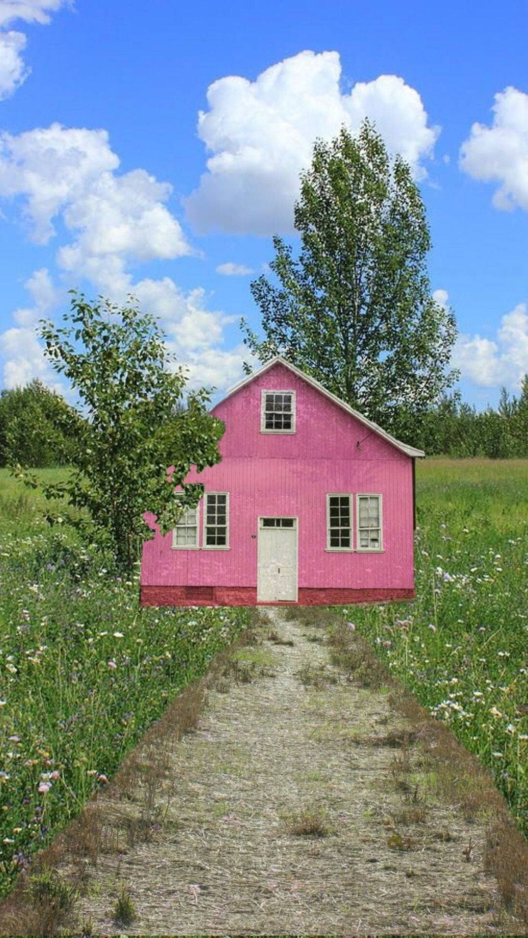 Dreamcore, pink house, wildflower meadow, Full HD Phone Wallpaper