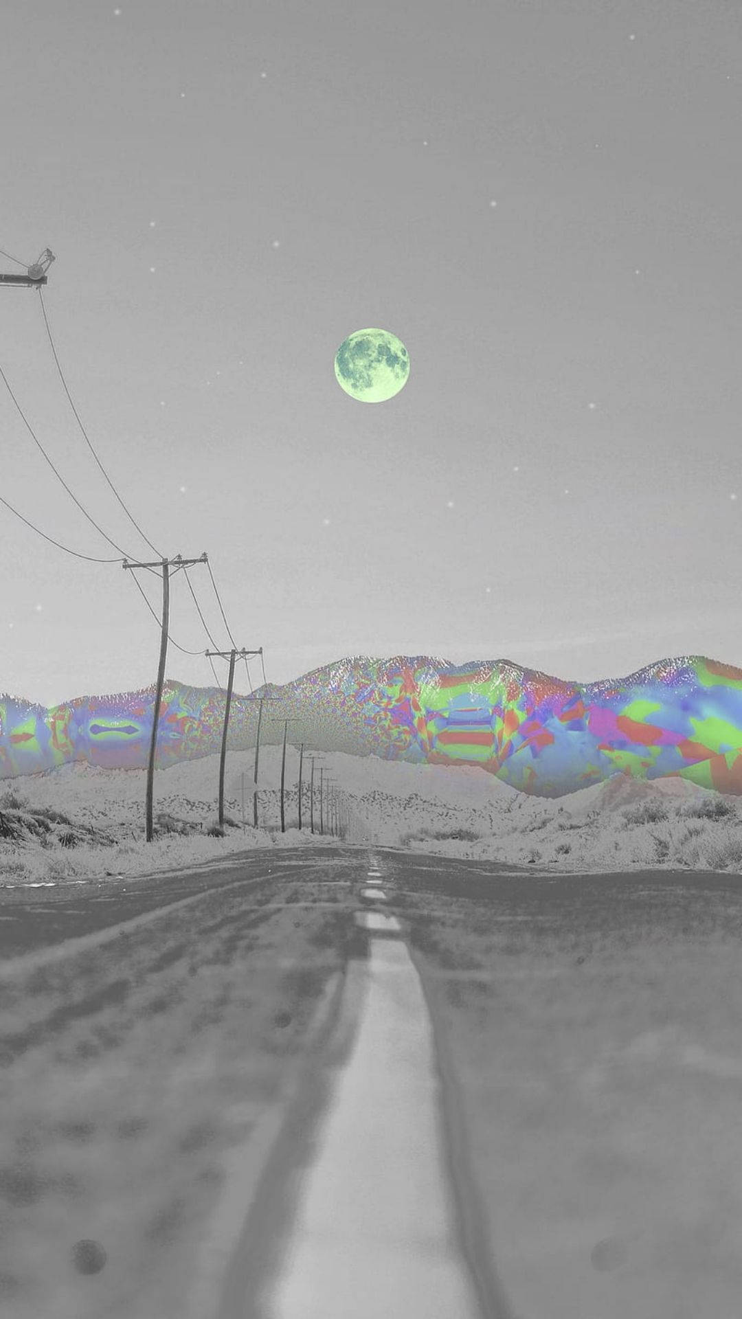Dreamcore Mountains, monochrome desert road, mountains glowing with psychedelic rainbow hues, Full HD Phone Wallpaper