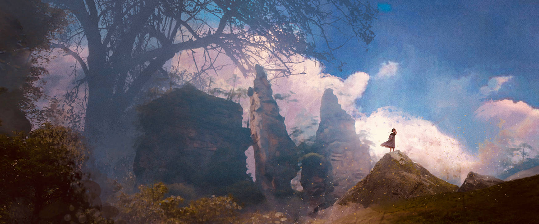 3840x1600, Dreamy Girl On The Hill, rocky peak, HD Desktop Wallpaper