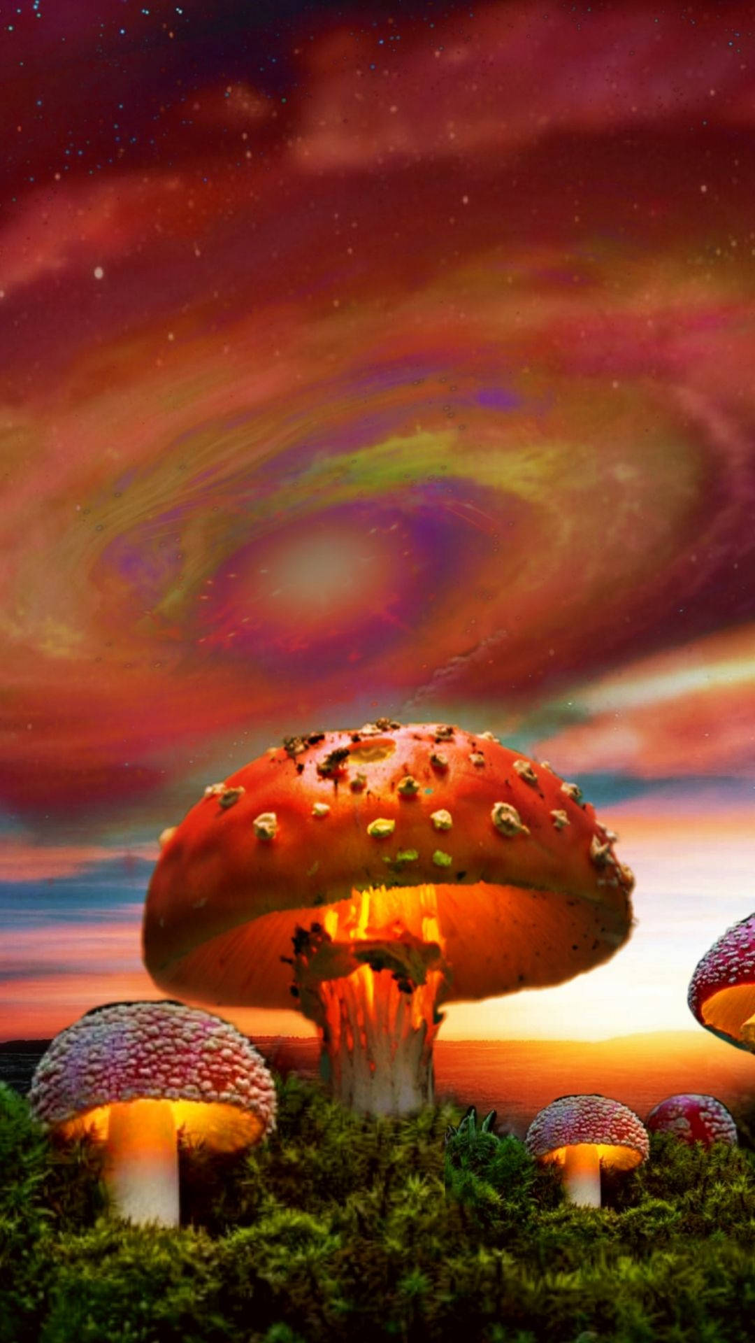 Dreamcore, orange mushrooms, glowing mushrooms, Full HD Phone Wallpaper