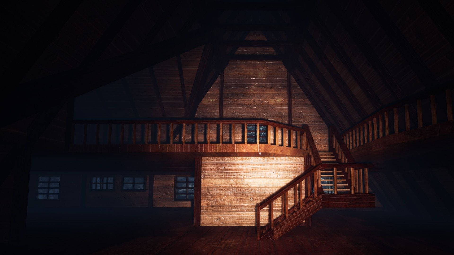 Dreamcore, wooden attic, central staircase, Full HD Desktop Wallpaper
