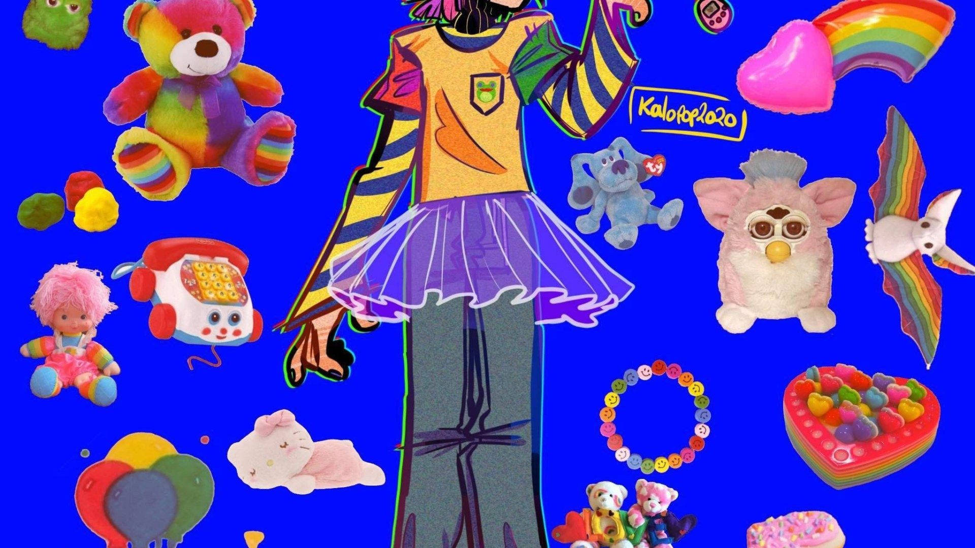 Dreamcore, rainbow-striped outfit, floating toys, Full HD Desktop Wallpaper