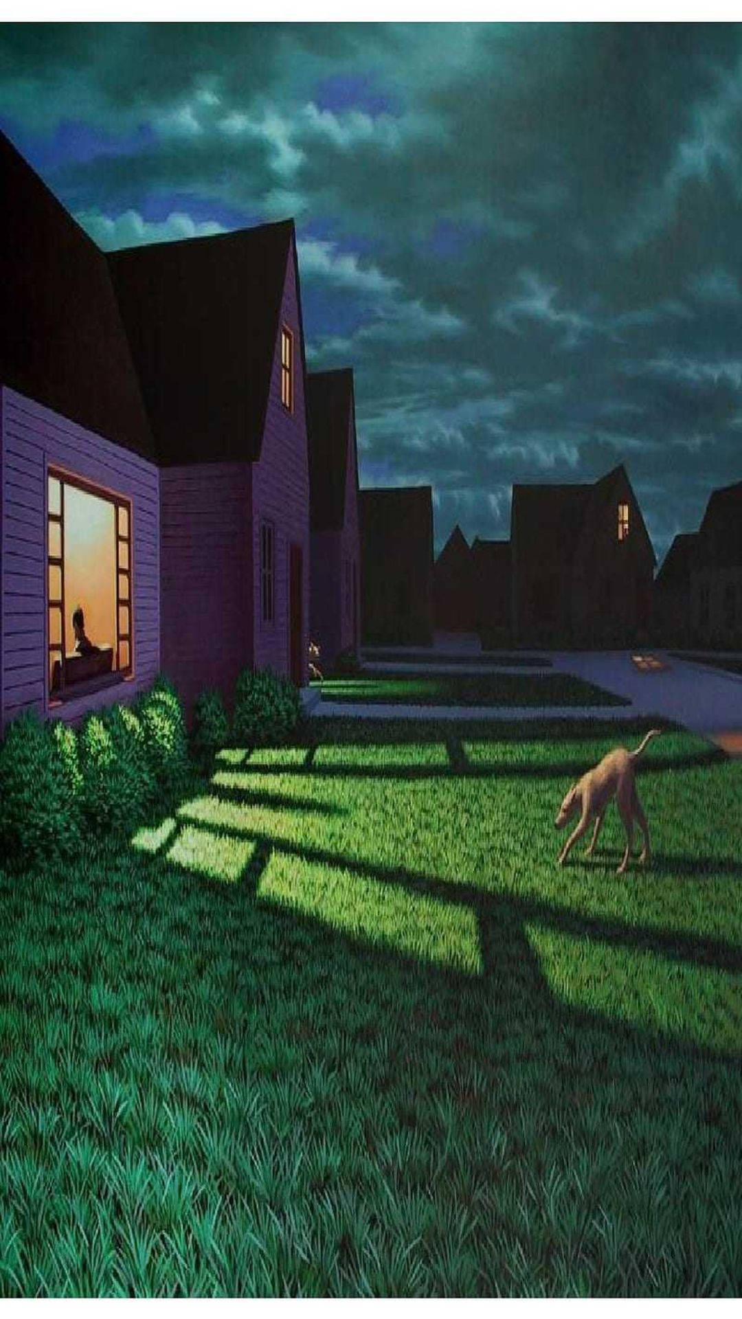 Dreamcore Lawn, moonlit suburban yard, vibrant green grass, Full HD Phone Wallpaper