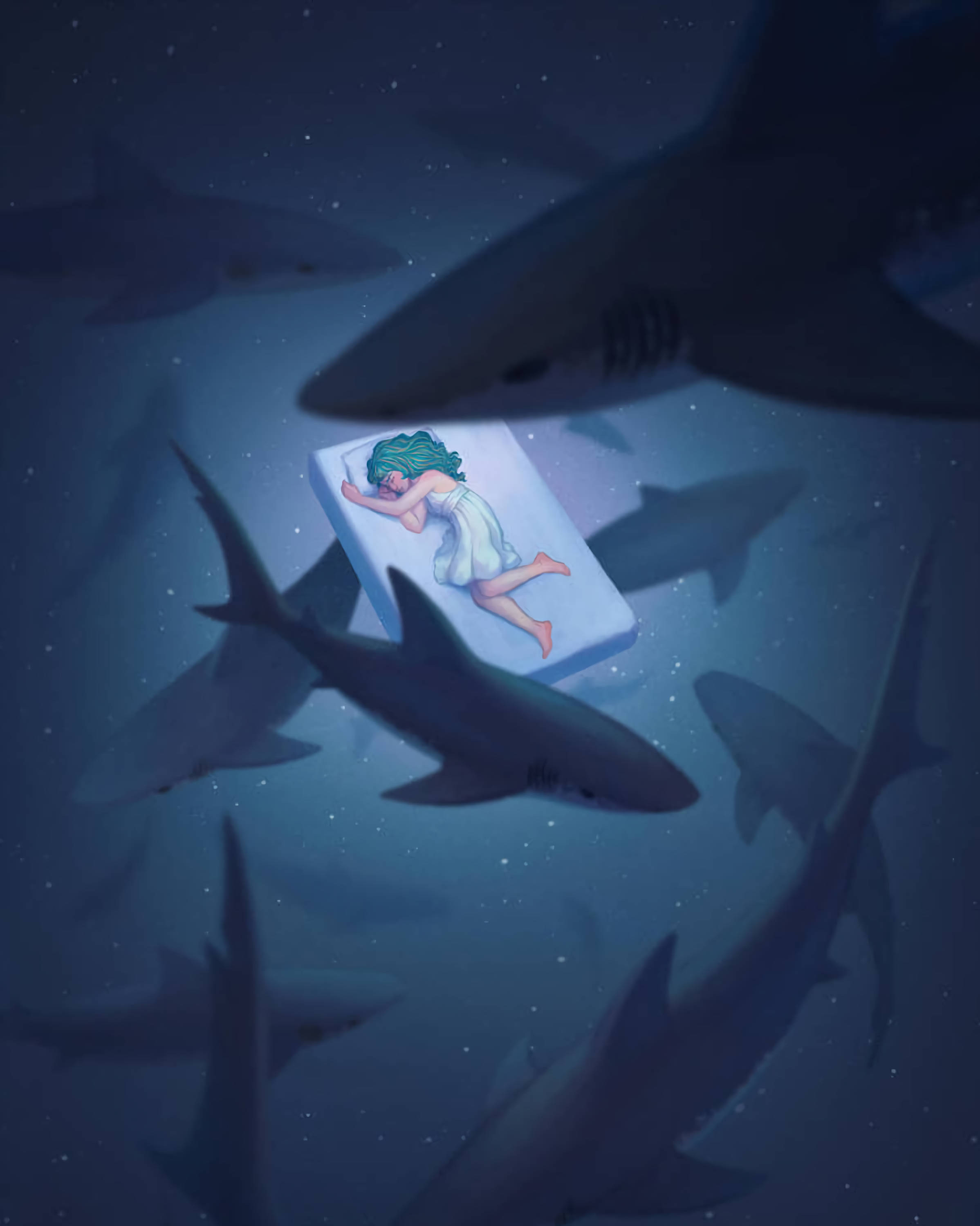 underwater shark dream, girl, floating mattress, 2K Phone Wallpaper