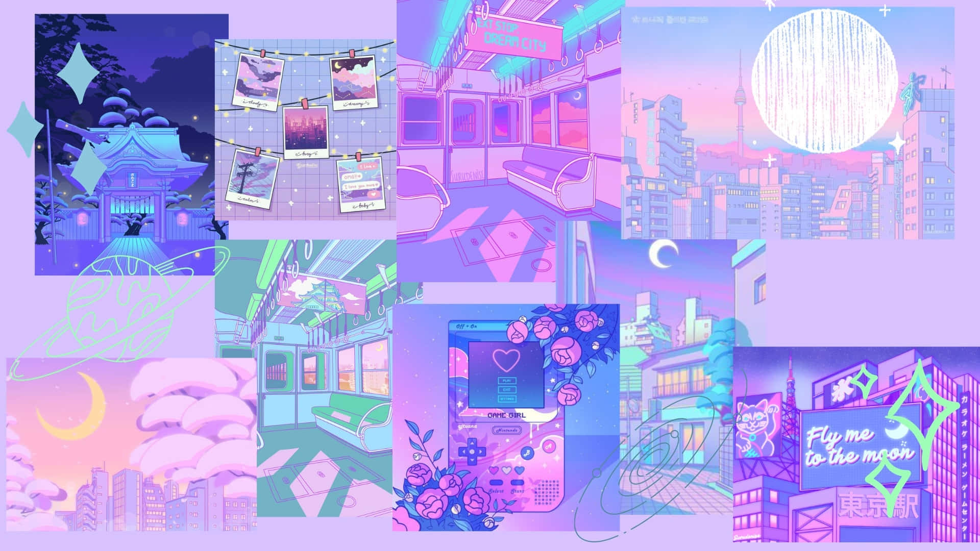 Dreamcore, neon-lit Tokyo landmarks, shrine, Full HD Desktop Wallpaper