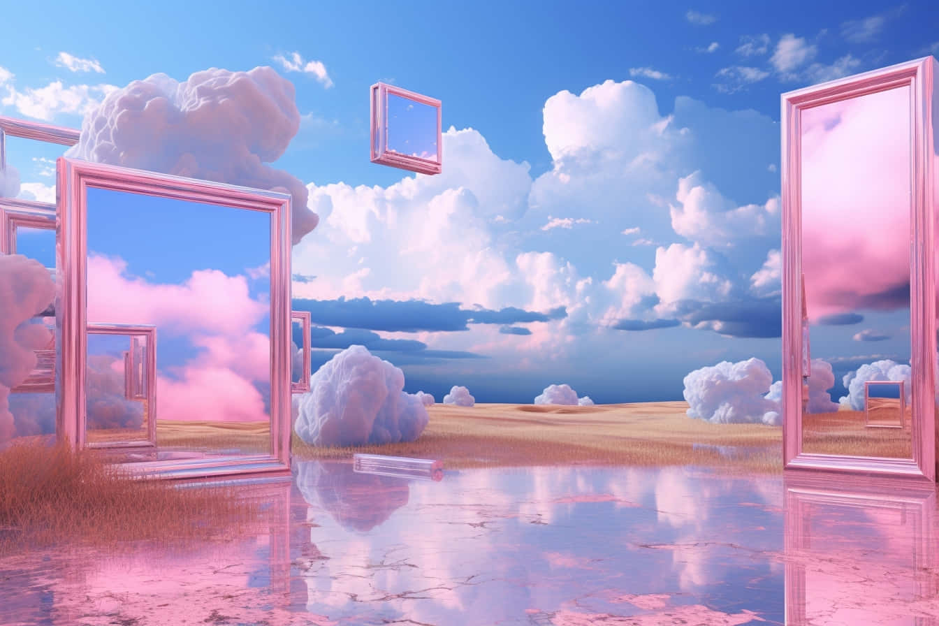 Dreamcore, pink-framed doors, surreal desert landscape, HD Desktop Wallpaper