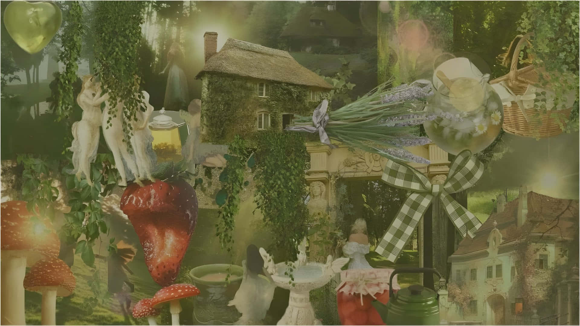 grunge fairycore, ivy-covered cottages, giant strawberries, Full HD Desktop Wallpaper