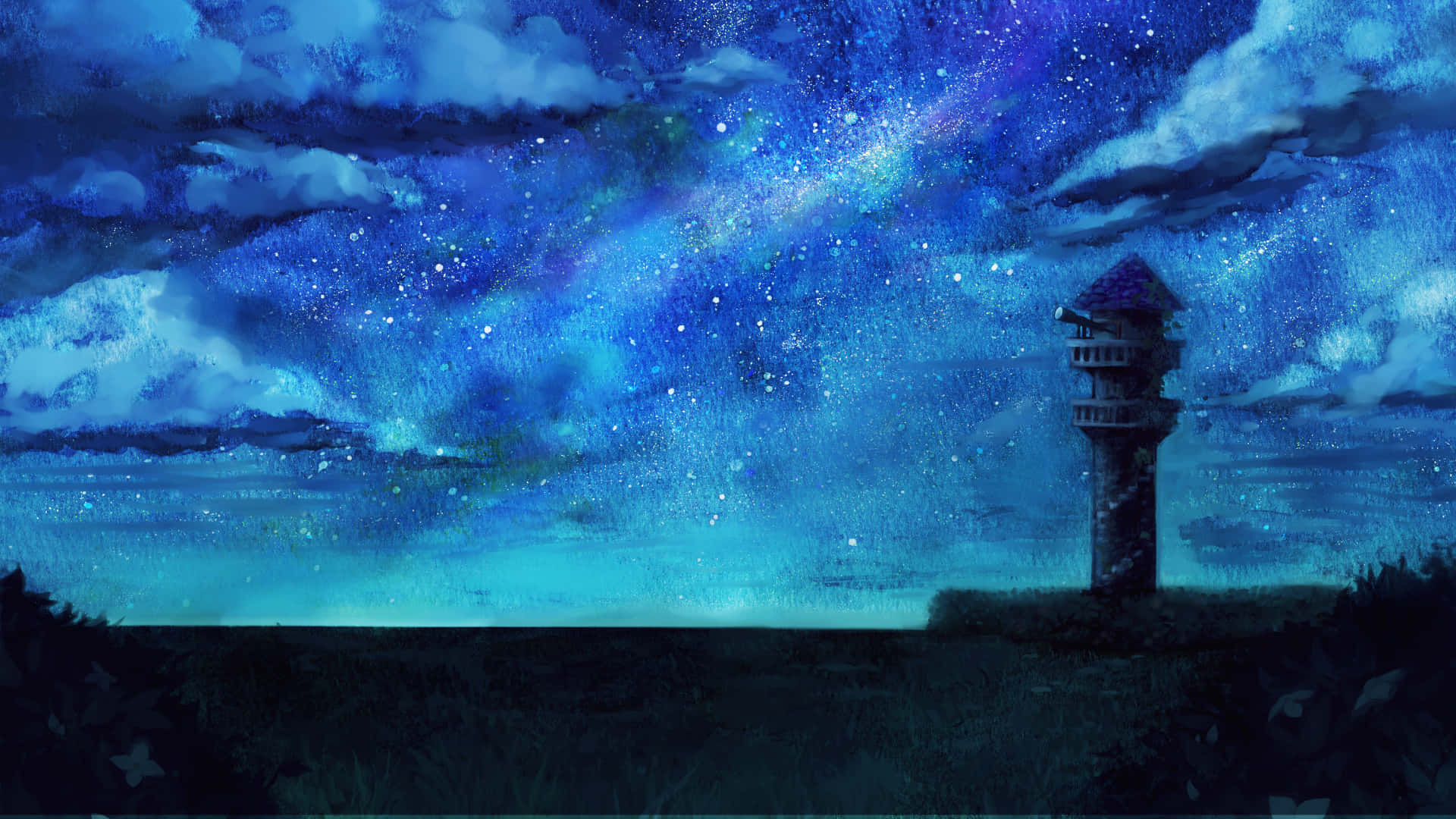 Starry Night Sky, stone tower, swirling cosmic clouds, Full HD Desktop Wallpaper