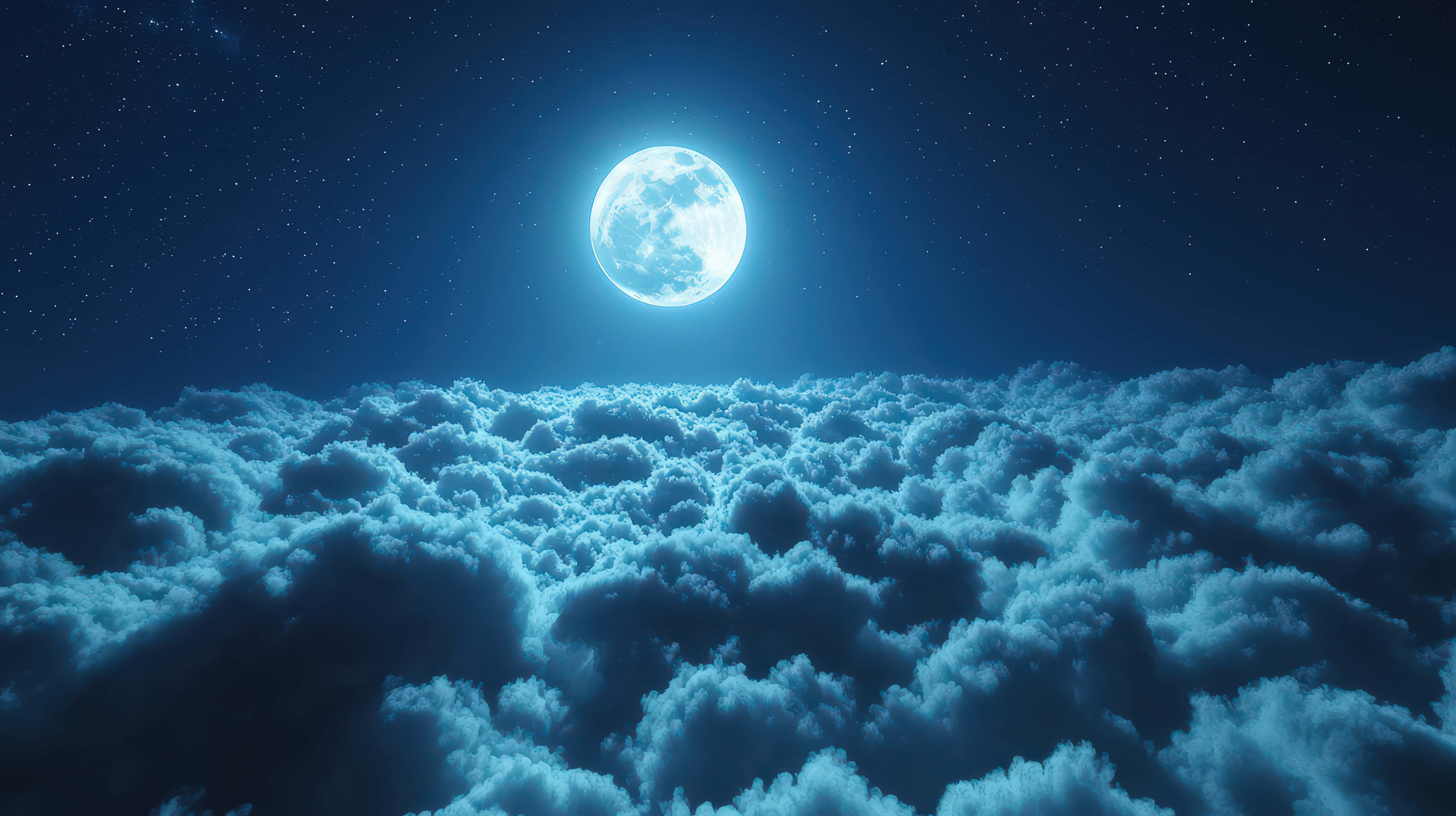 full moon, vast sea of textured clouds, starry night sky, 8K Desktop Wallpaper