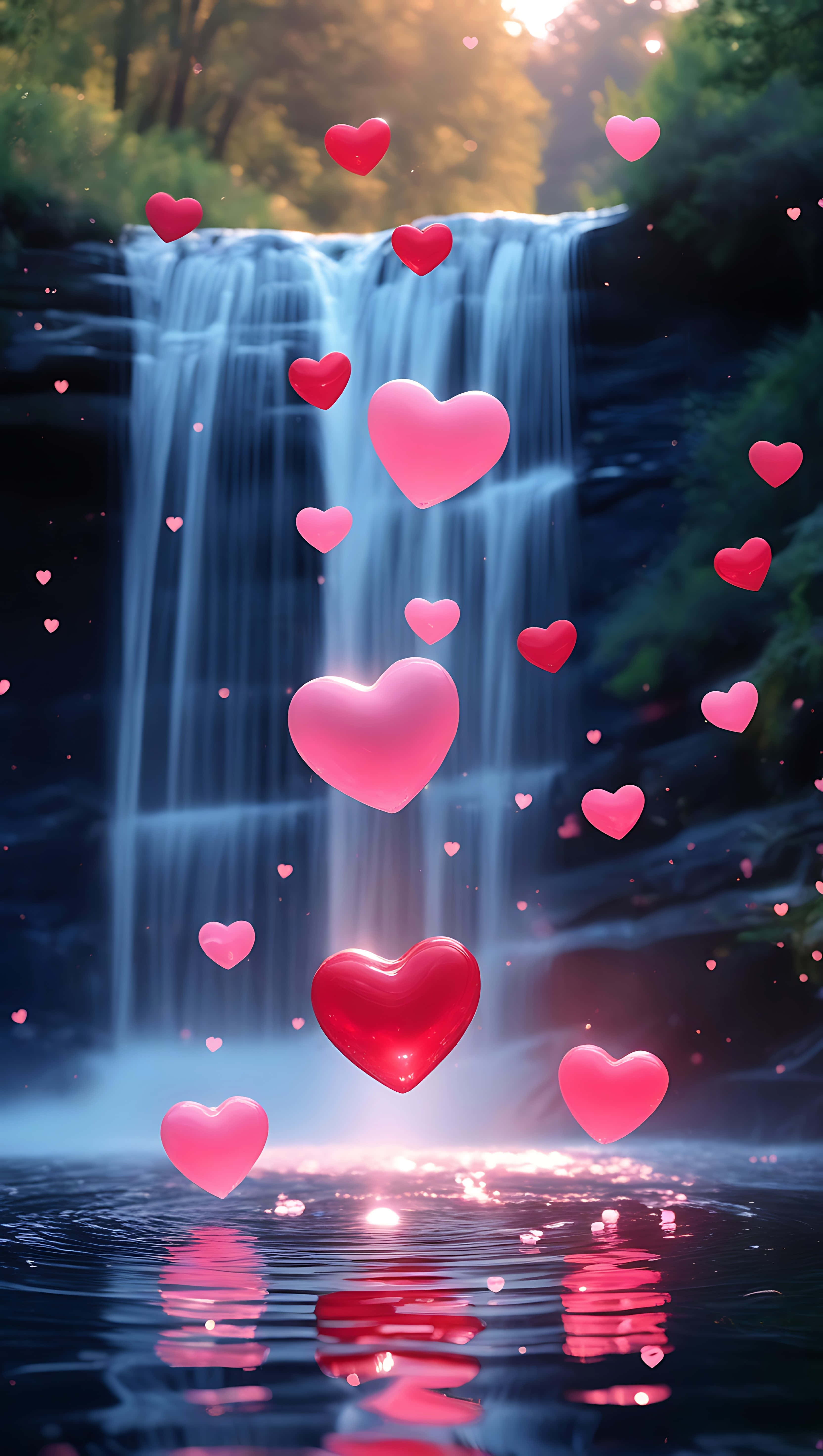 floating love hearts, waterfall, lush green forest, 5K Phone Wallpaper