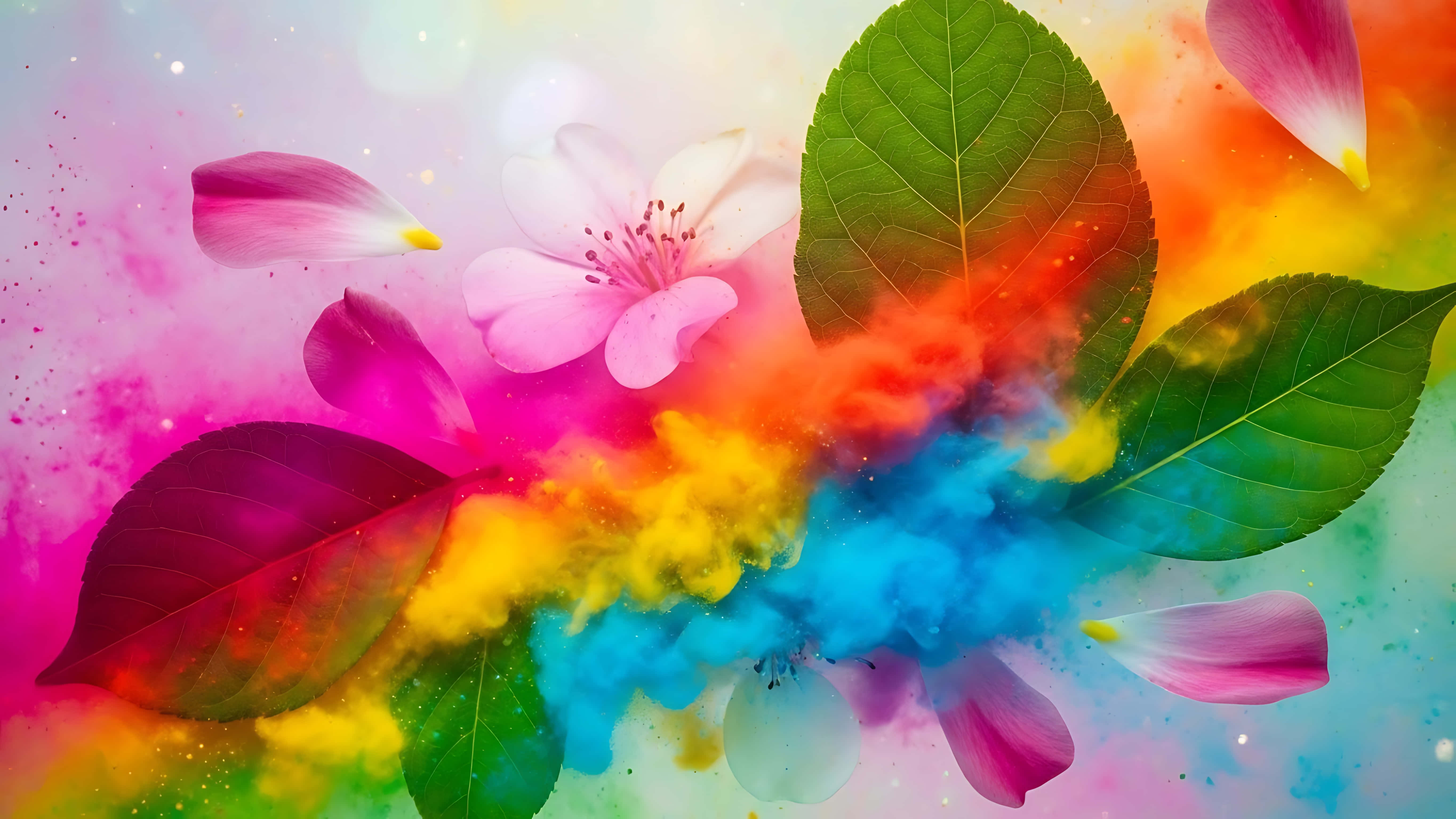 rainbow powder, pink cherry blossoms, green leaves, 5K Desktop Wallpaper