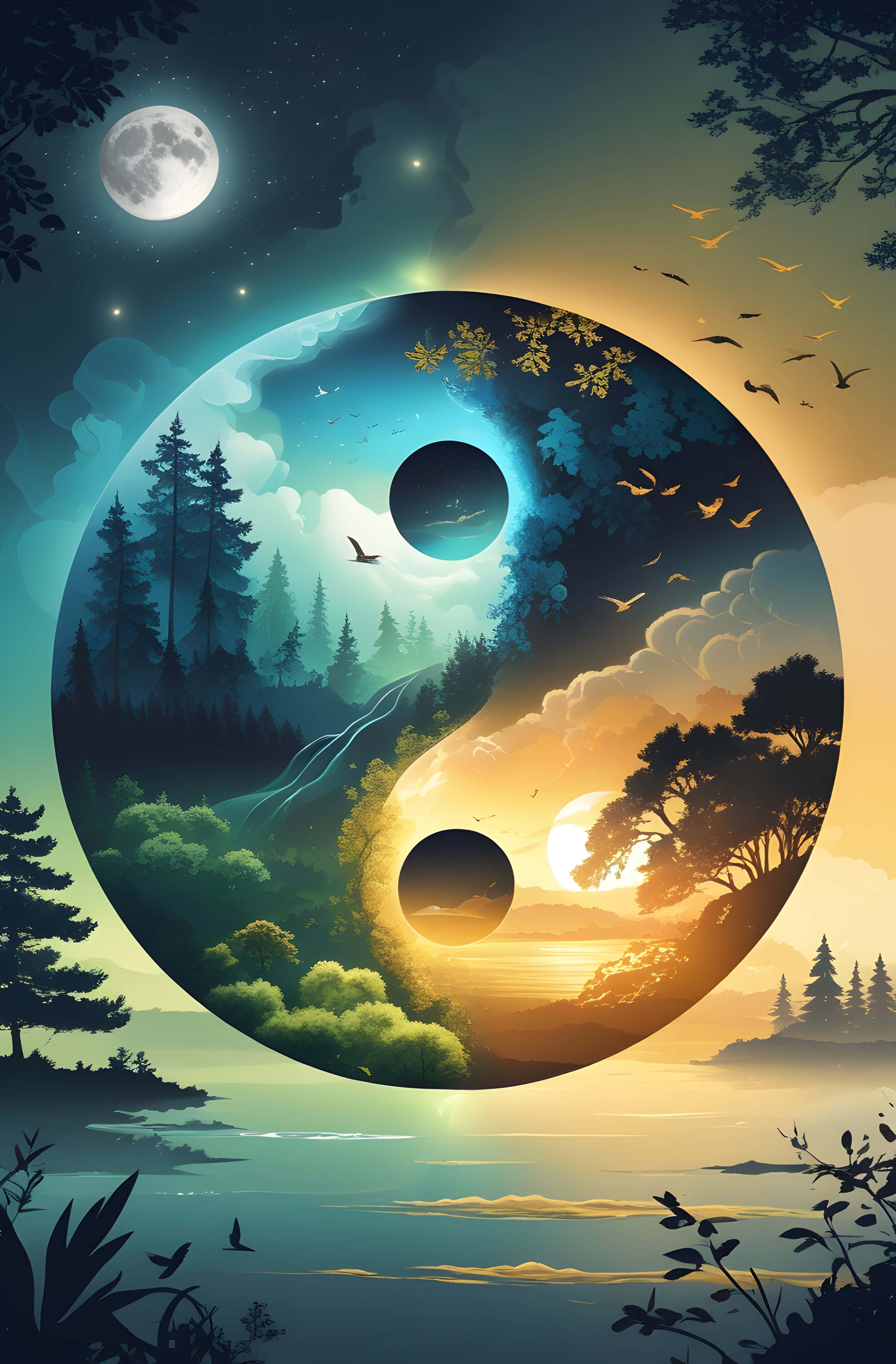 yin yang symbol, night, day, 4K Phone Wallpaper