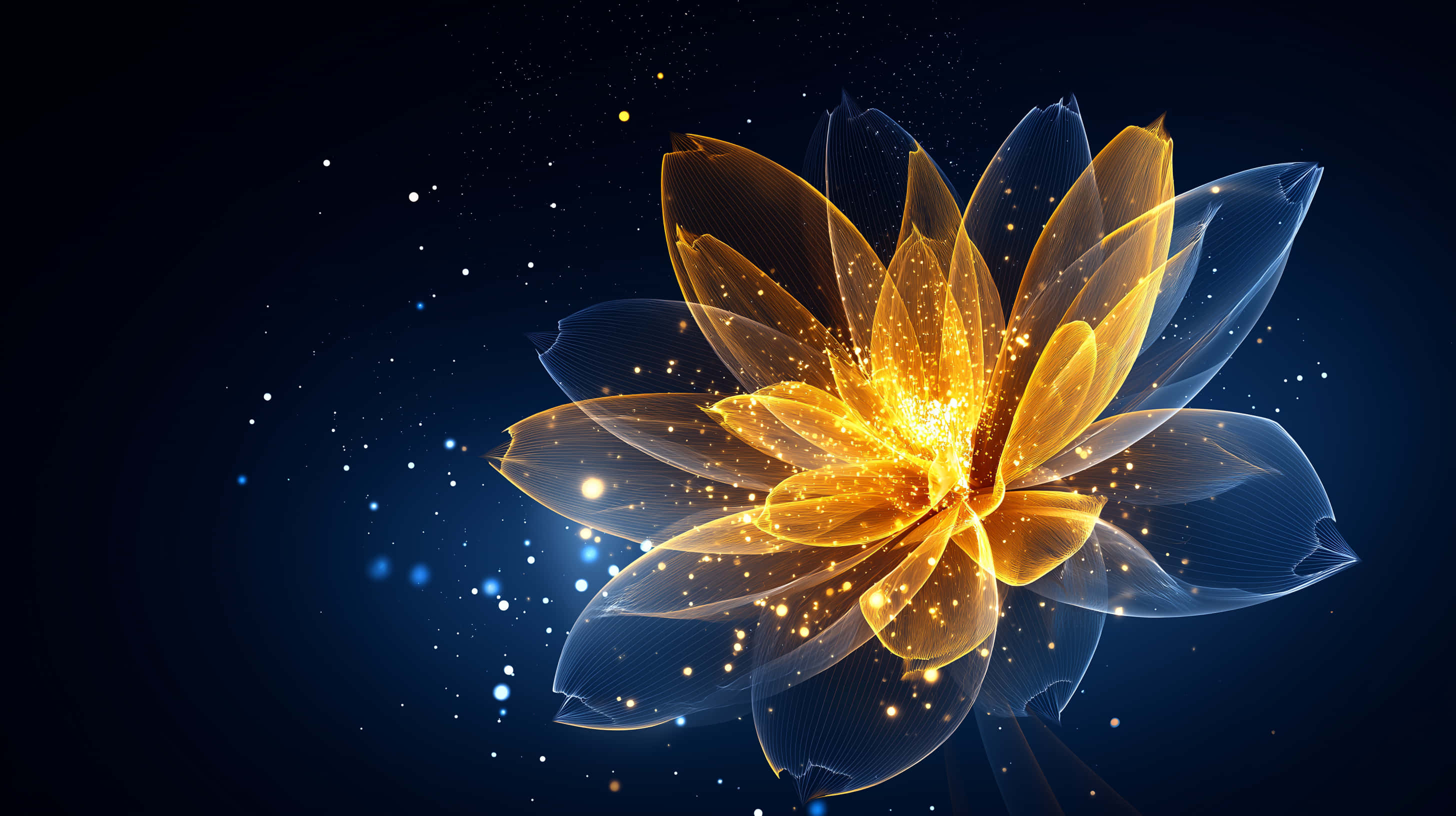 golden lotus, translucent blue petals, starry deep blue cosmic background, 2K Desktop Wallpaper