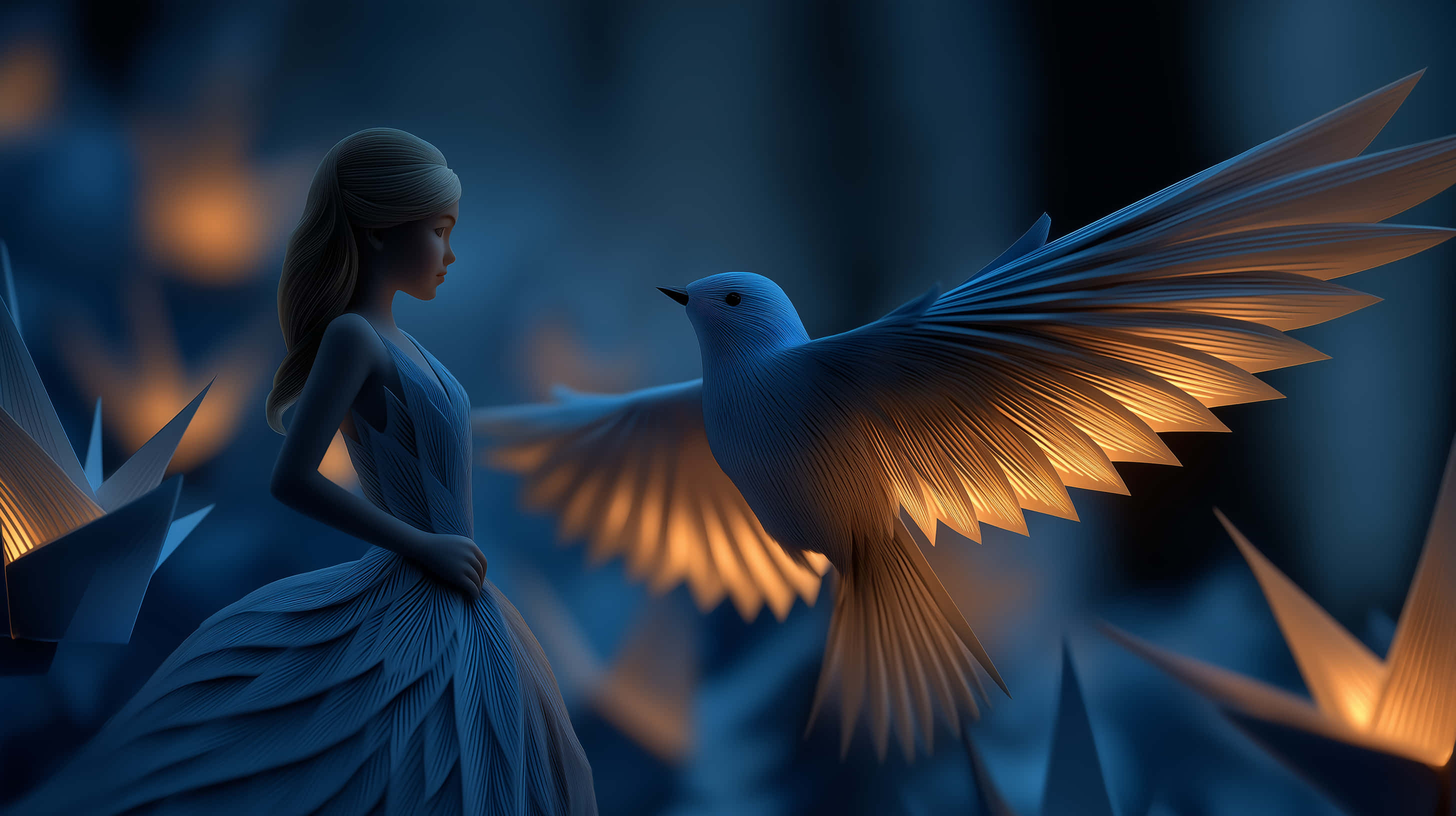 glowing bird, blue pleated gown, floating paper lanterns, 2K Desktop Wallpaper