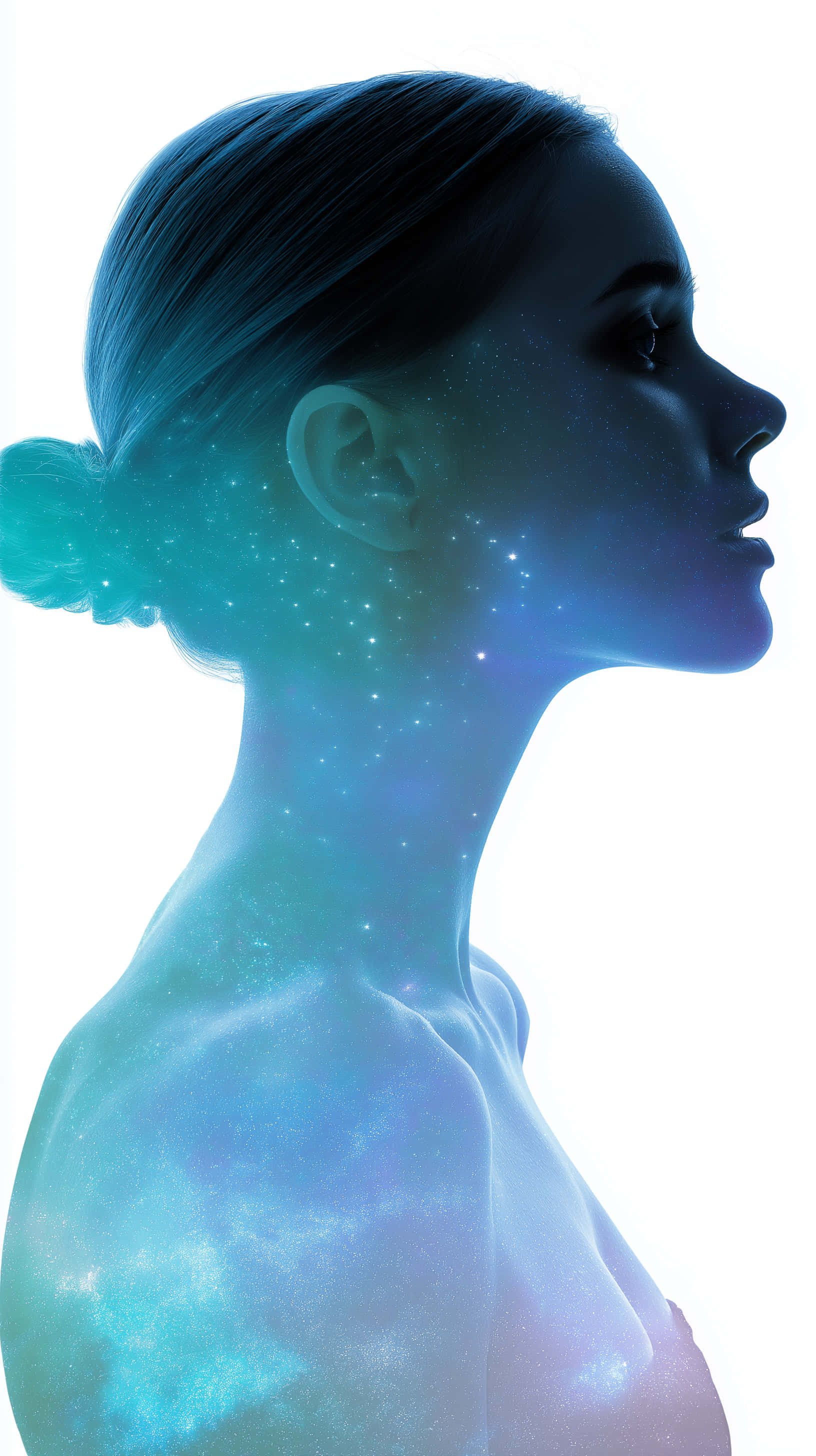 cosmic feminine silhouette, starlight aura, glowing cosmic stars, 2K Phone Wallpaper