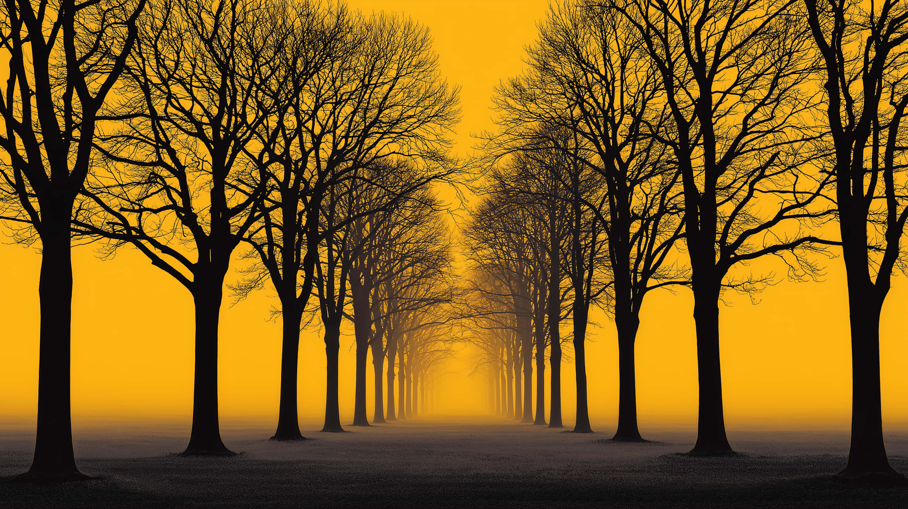 eerie tree-lined road, mystical golden fog, glowing golden sky, 2K Desktop Wallpaper