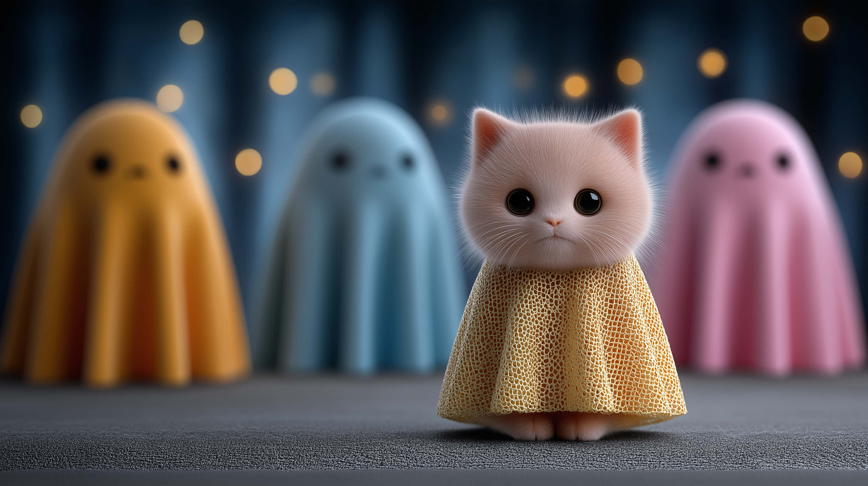 fluffy pink kitten, yellow textured dress, three colorful ghostly figures, 2K Desktop Wallpaper