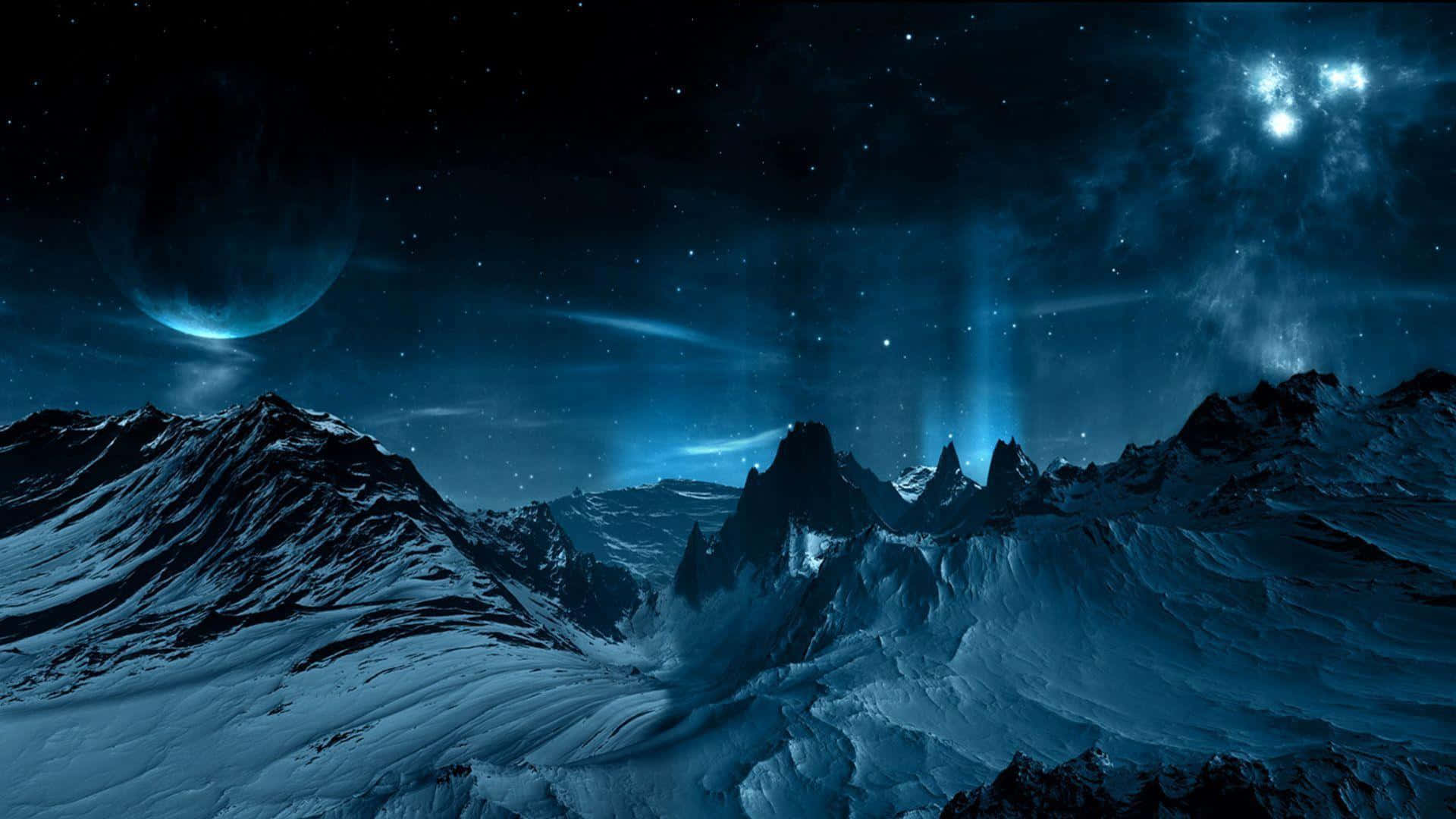 Snowy mountain peaks, Starry night sky, Glowing auroras, Full HD Desktop Wallpaper