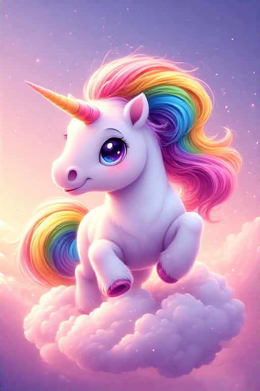 chibi unicorn, rainbow mane, fluffy cloud, SD Phone Wallpaper