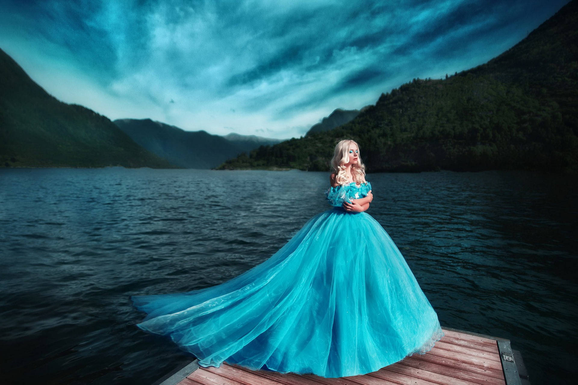 turquoise off shoulder tulle dress, wooden dock, dark lake, Full HD Desktop Wallpaper