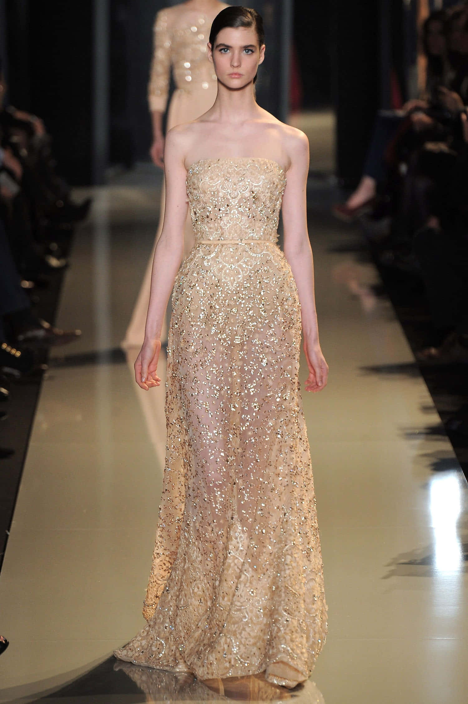 gold sequined strapless gown, runway, bright stage lights, Full HD Phone Wallpaper