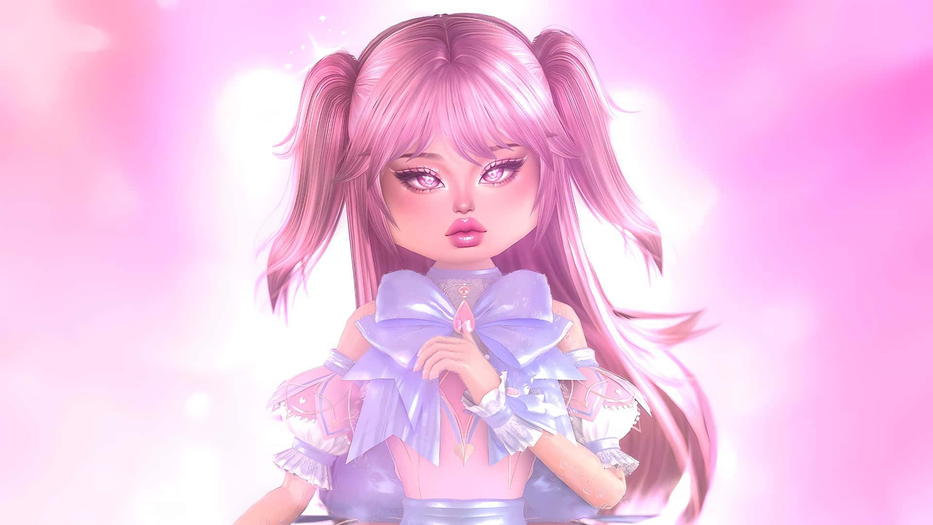 pink pigtails, large lavender bow, glowing pink background, Full HD Desktop Wallpaper