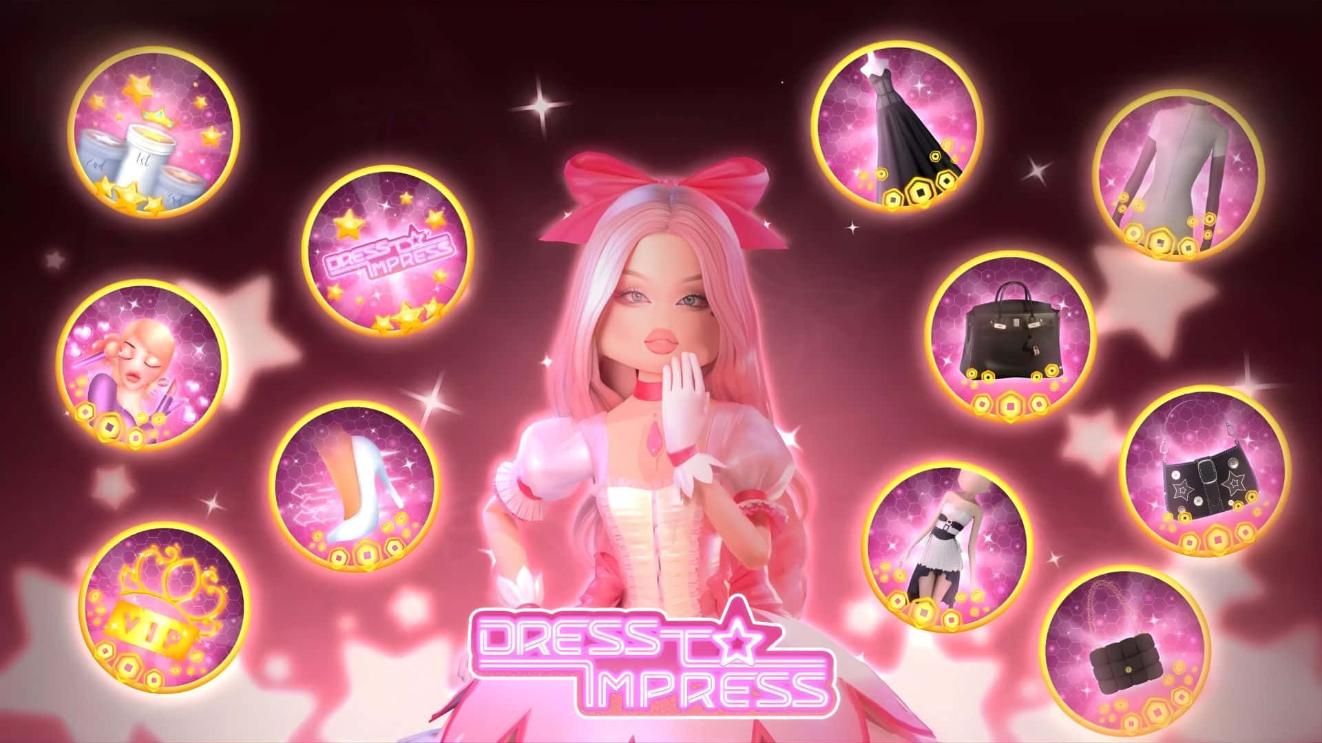 pink-haired anime girl, frilly dress, glowing circular icons of fashion items, Full HD Desktop Wallpaper