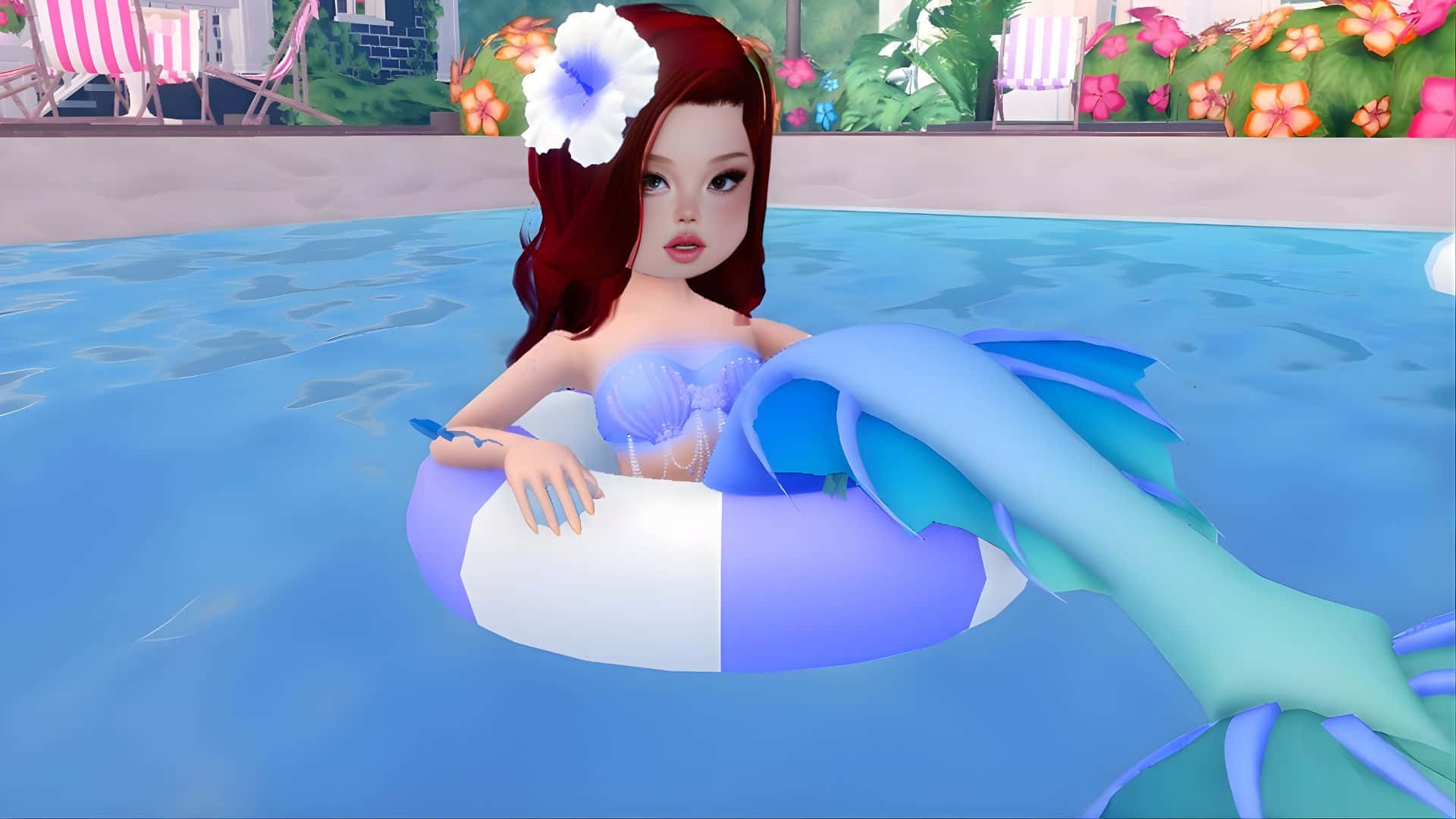 mermaid, red-haired, blue tail, Full HD Desktop Wallpaper