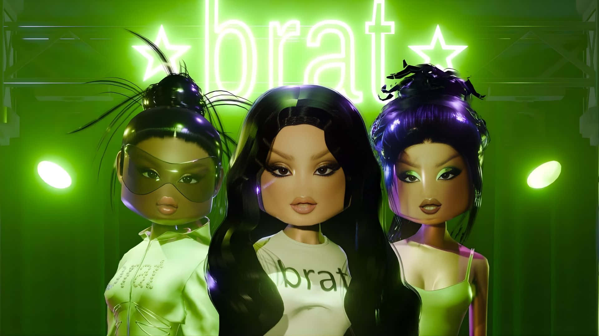 brat, glowing green neon sign, star accents, Full HD Desktop Wallpaper