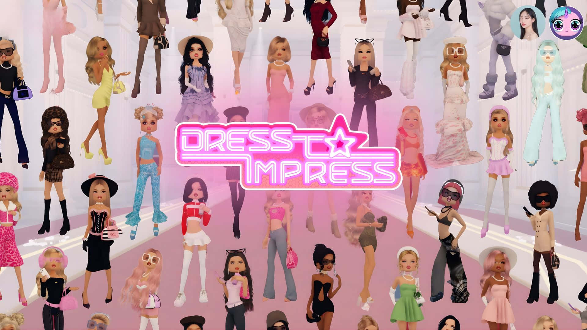 Dress to Impress, vibrant pink neon, grid of diverse animated dolls, Full HD Desktop Wallpaper