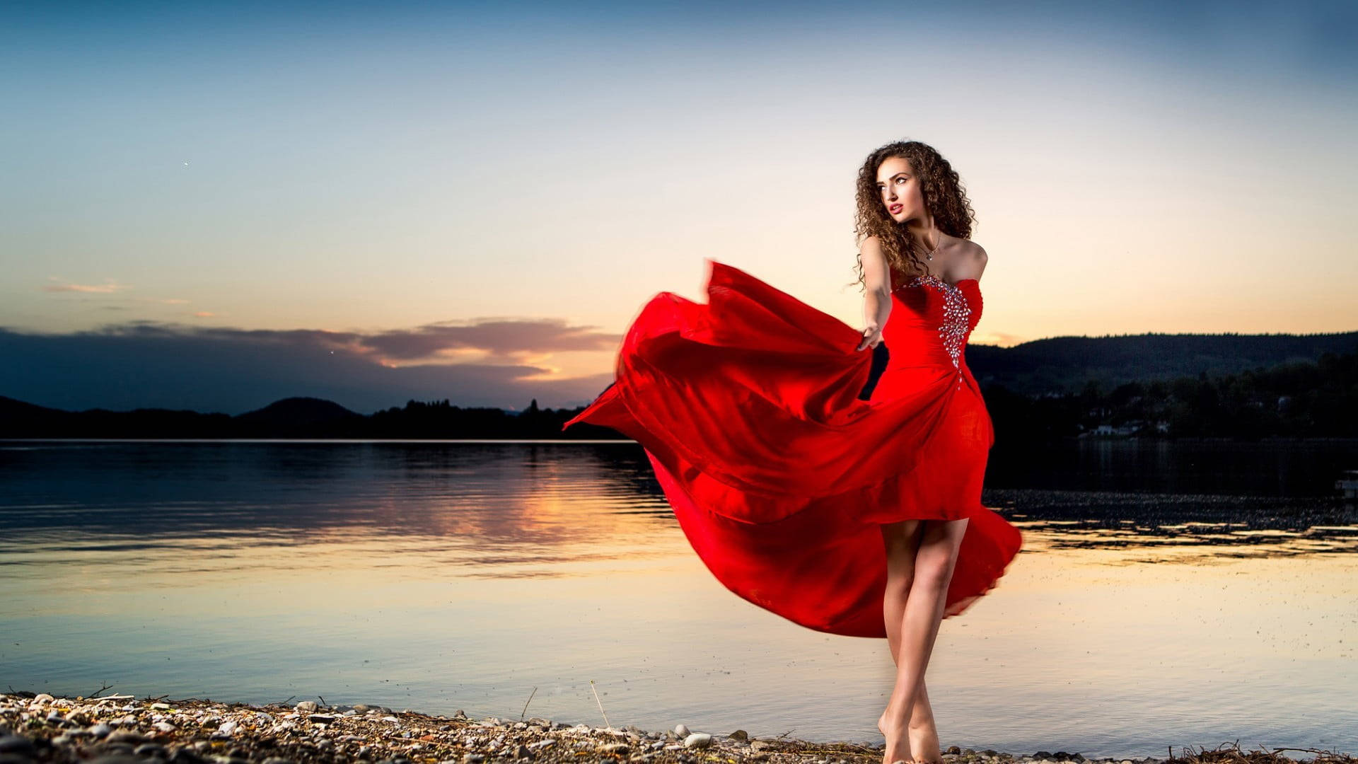 woman, curly hair, red dress, Full HD Desktop Wallpaper