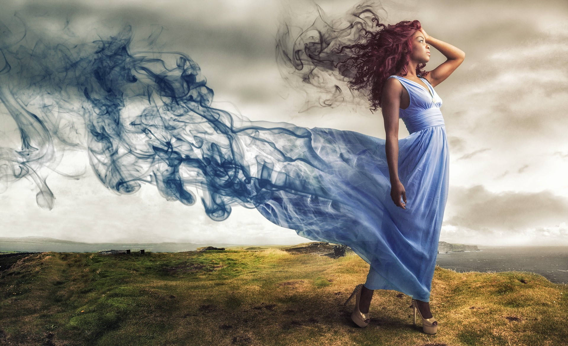 blue dress, flowing blue dress, grassy cliff, Full HD Desktop Wallpaper