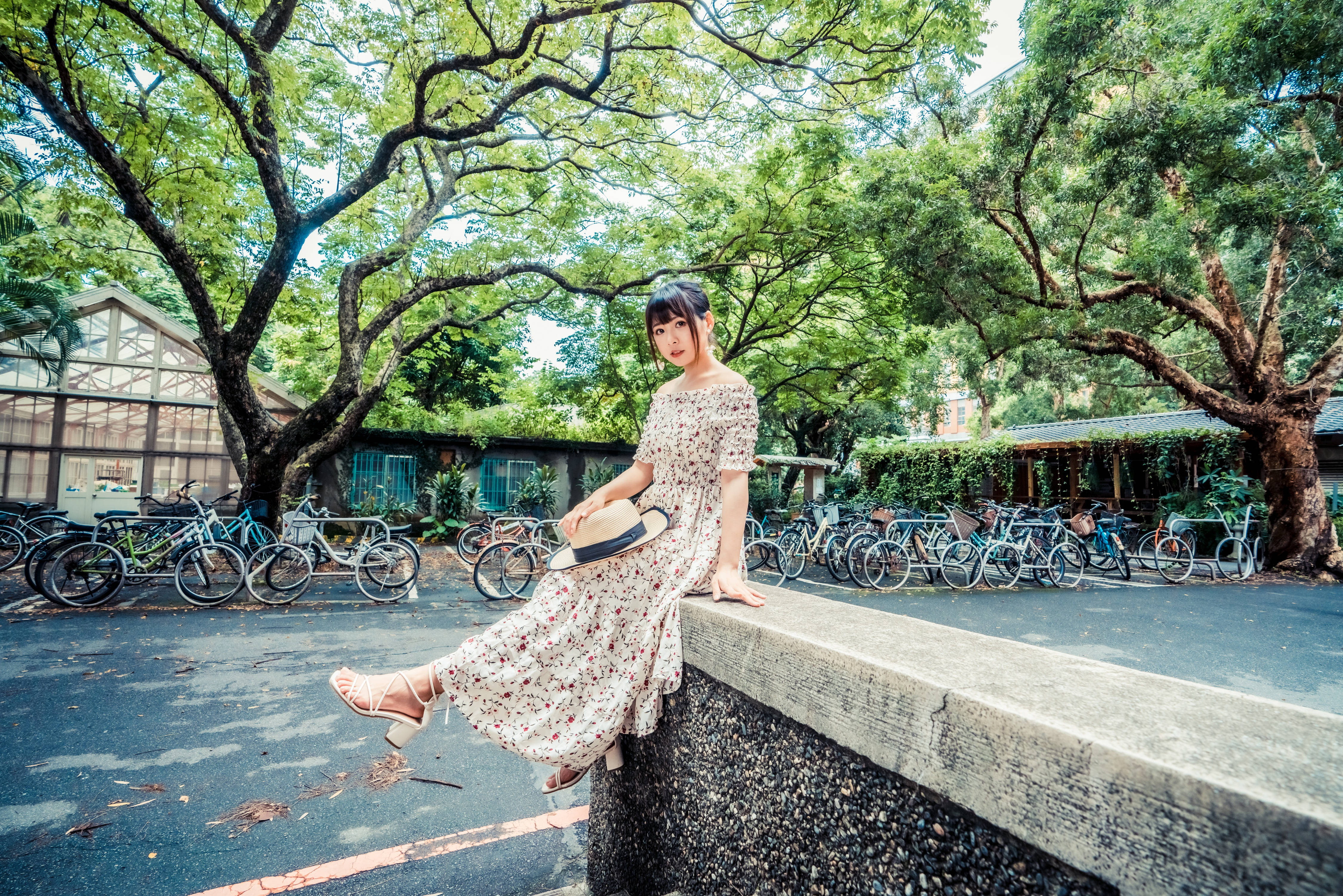 floral printed puff sleeve dress, stone ledge, lush green trees, 4K Desktop Wallpaper