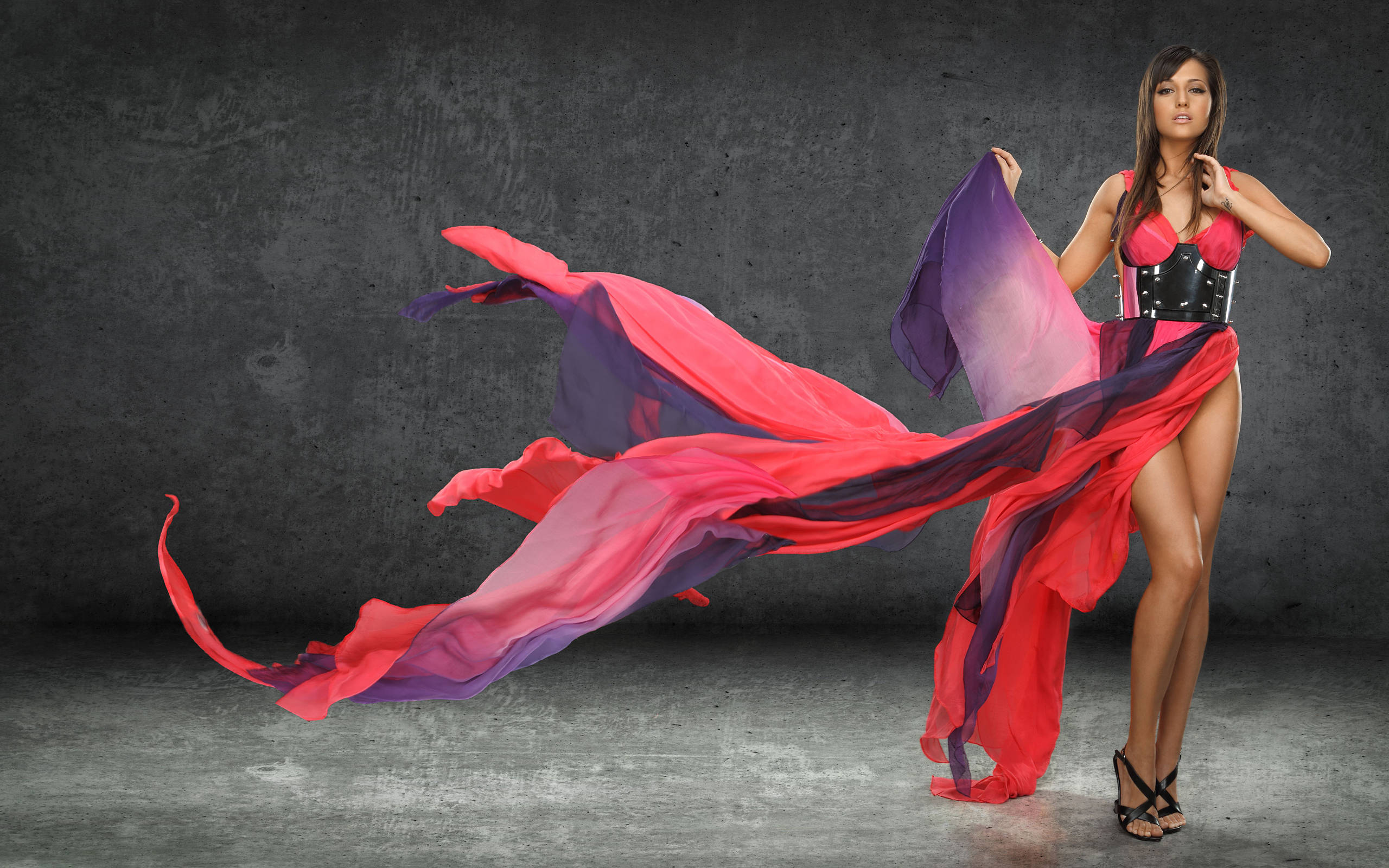 casual flowy dress, red and purple flowing gown, textured gray studio backdrop, 2K Desktop Wallpaper