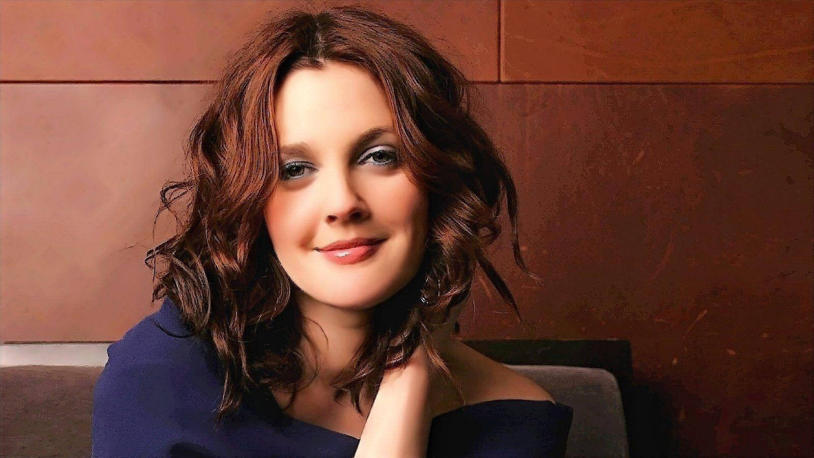 Drew Barrymore, old style makeup, wavy brown hair, HD Desktop Wallpaper