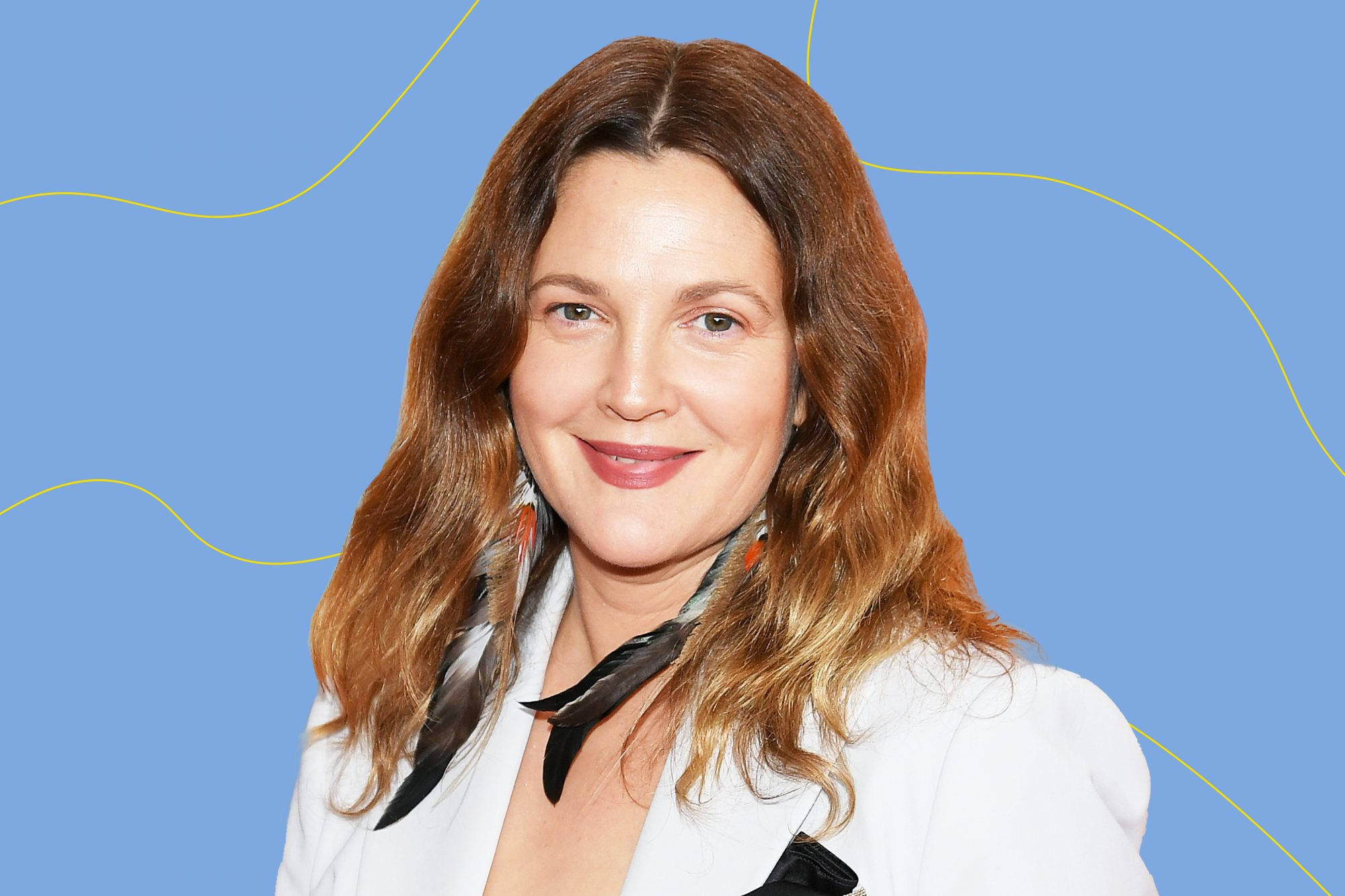 Drew Barrymore, white suit, blue background, Full HD Desktop Wallpaper