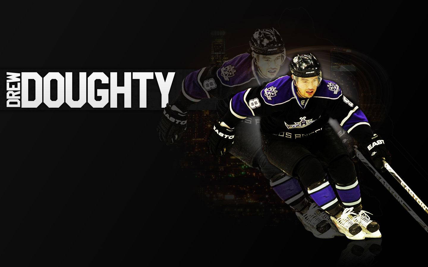 Drew Doughty, black and purple uniform, dark cityscape backdrop, HD Desktop Wallpaper