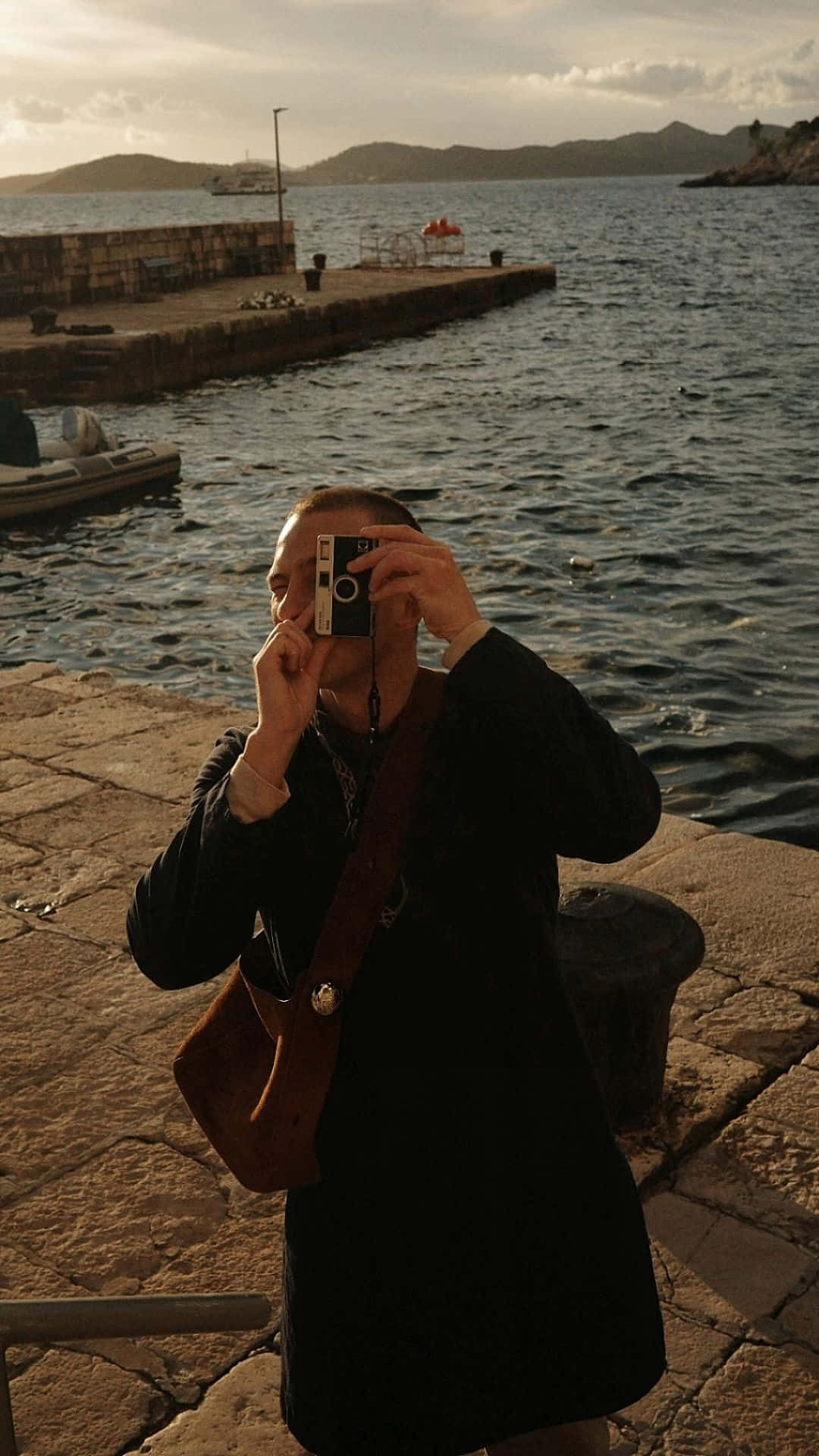 Drew Starkey, dark coat, vintage camera, Full HD Phone Wallpaper