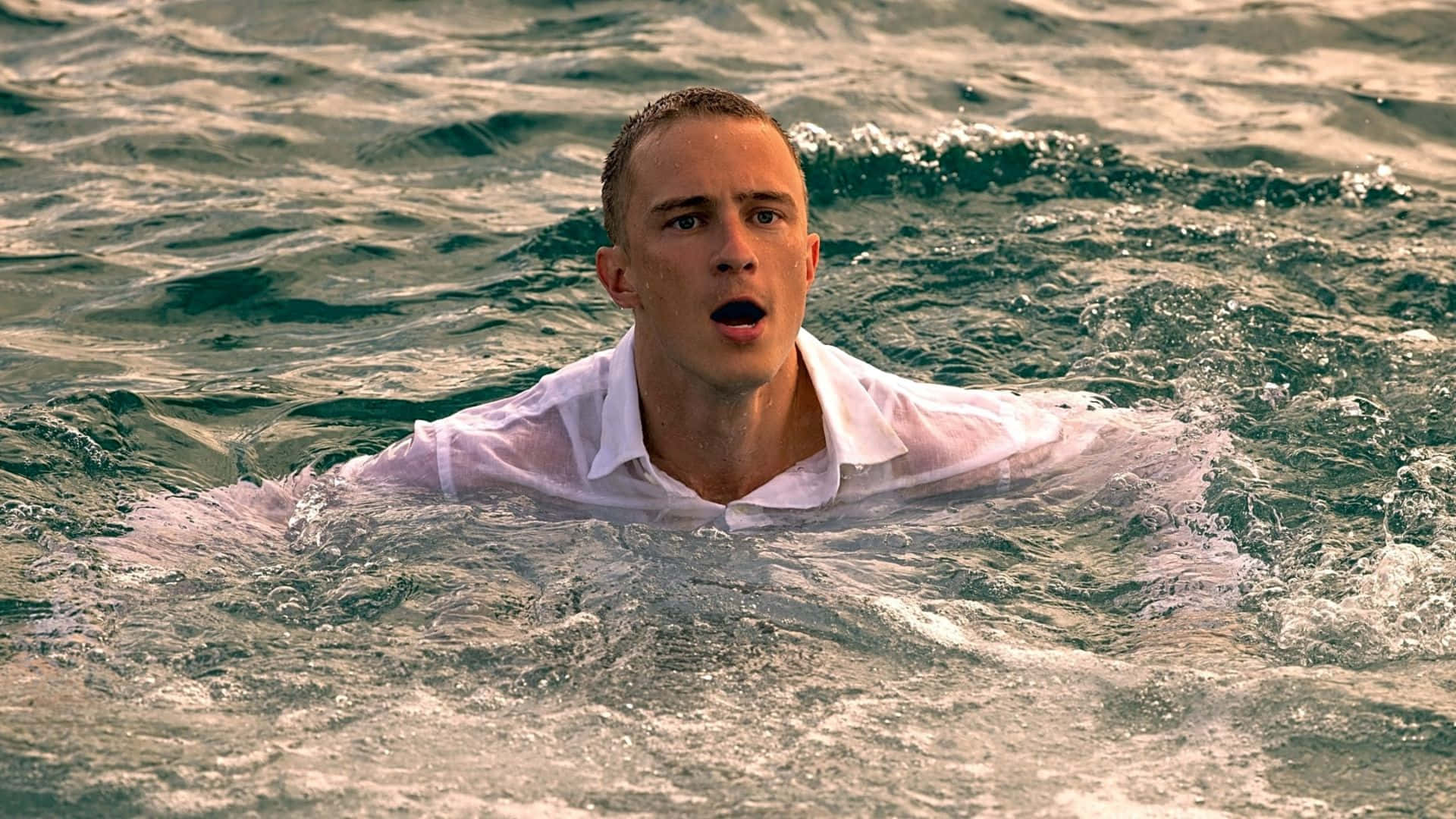 Drew Starkey, white shirt, turbulent ocean water, Full HD Desktop Wallpaper