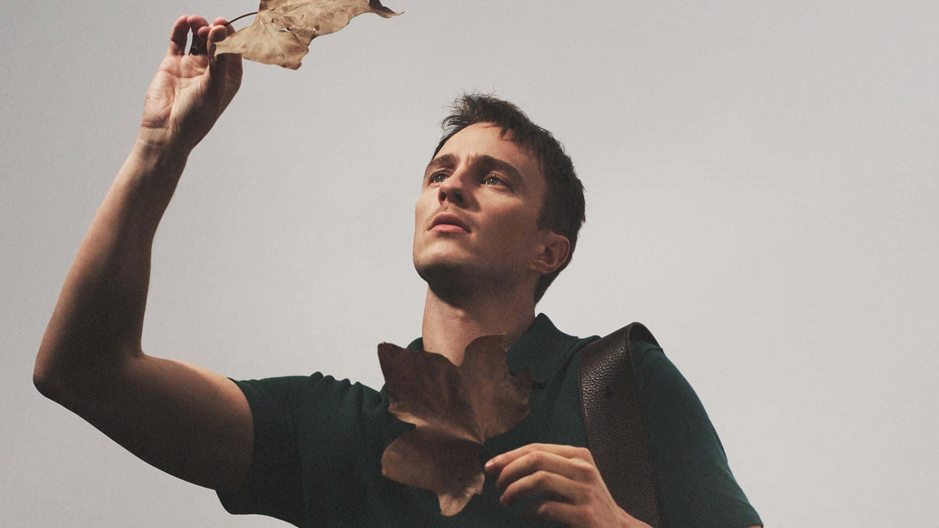Drew Starkey, dark green shirt, dried leaves, Full HD Desktop Wallpaper