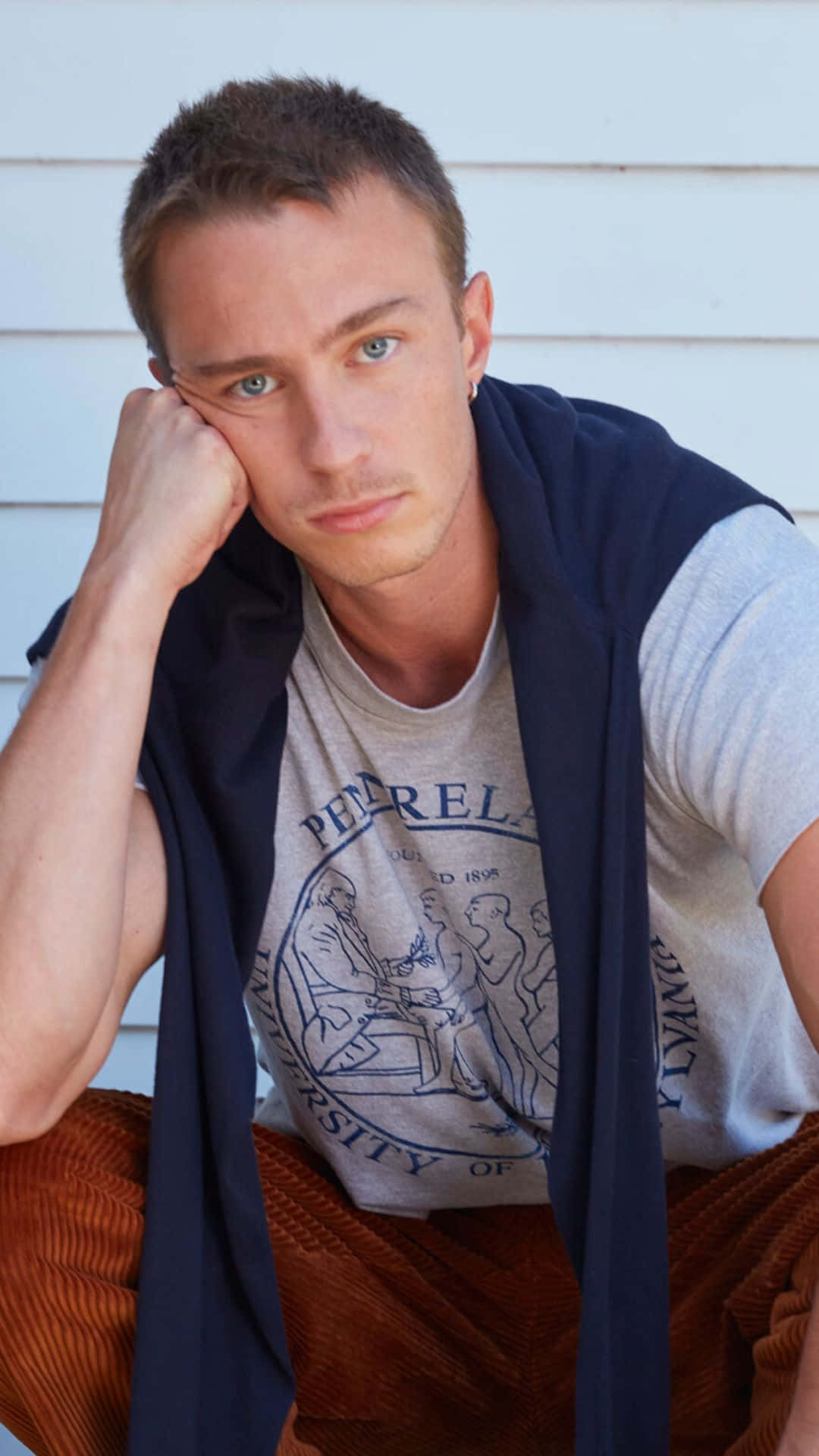 Drew Starkey, blue eyes, grey tshirt, Full HD Phone Wallpaper