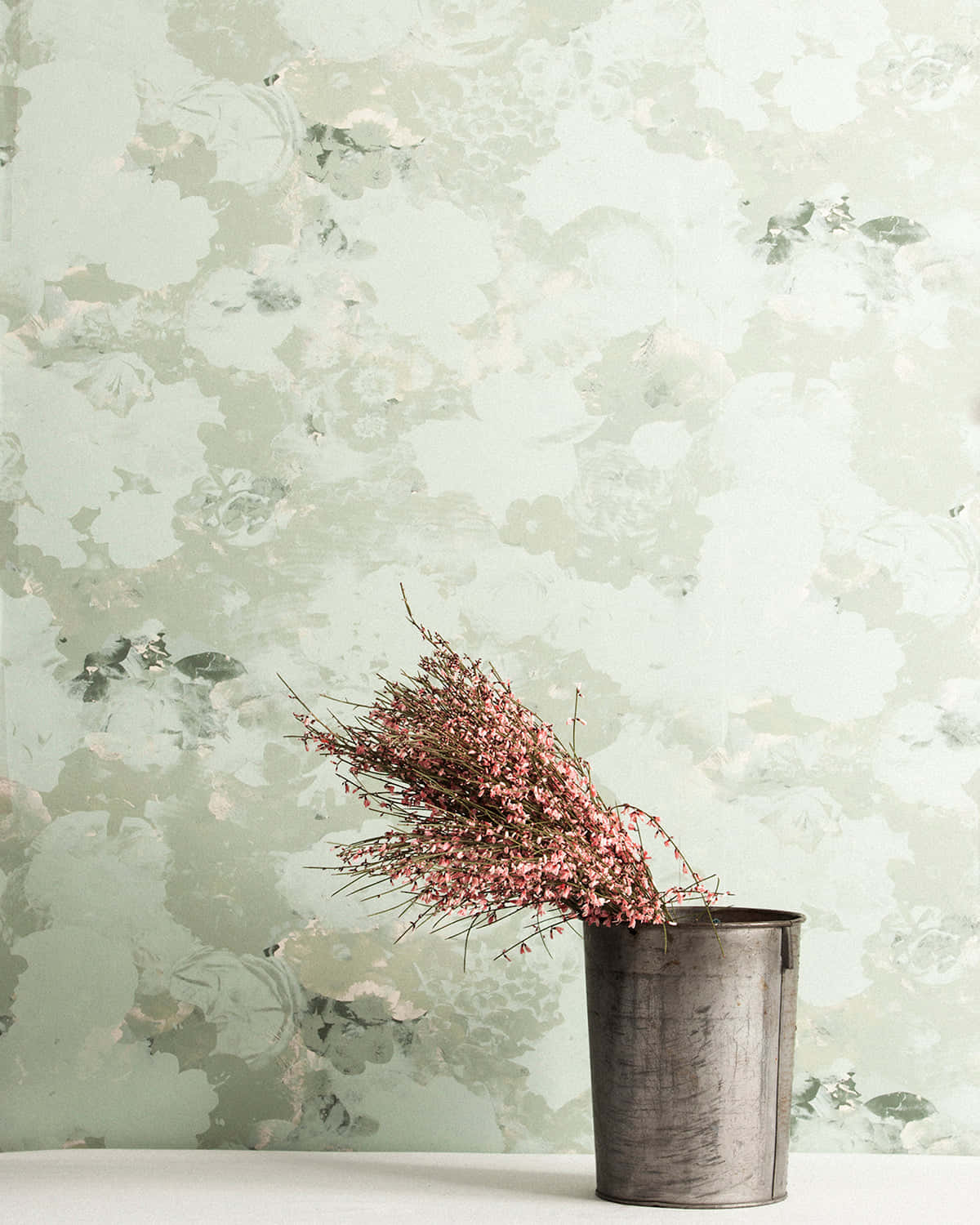 rustic metal bucket, delicate pink dried flowers, soft mint green floral wallpaper, HD Phone Wallpaper