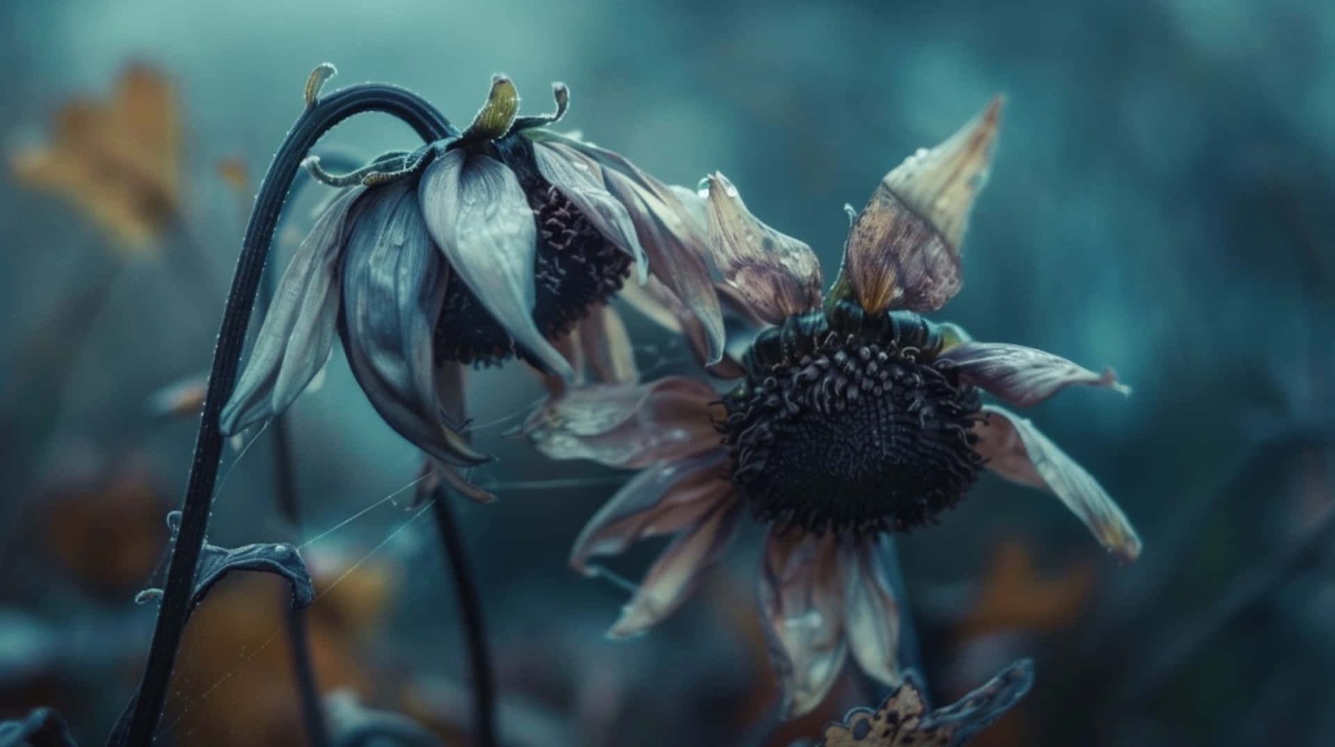 wilted flowers, misty field, cool blue tones, Full HD Desktop Wallpaper