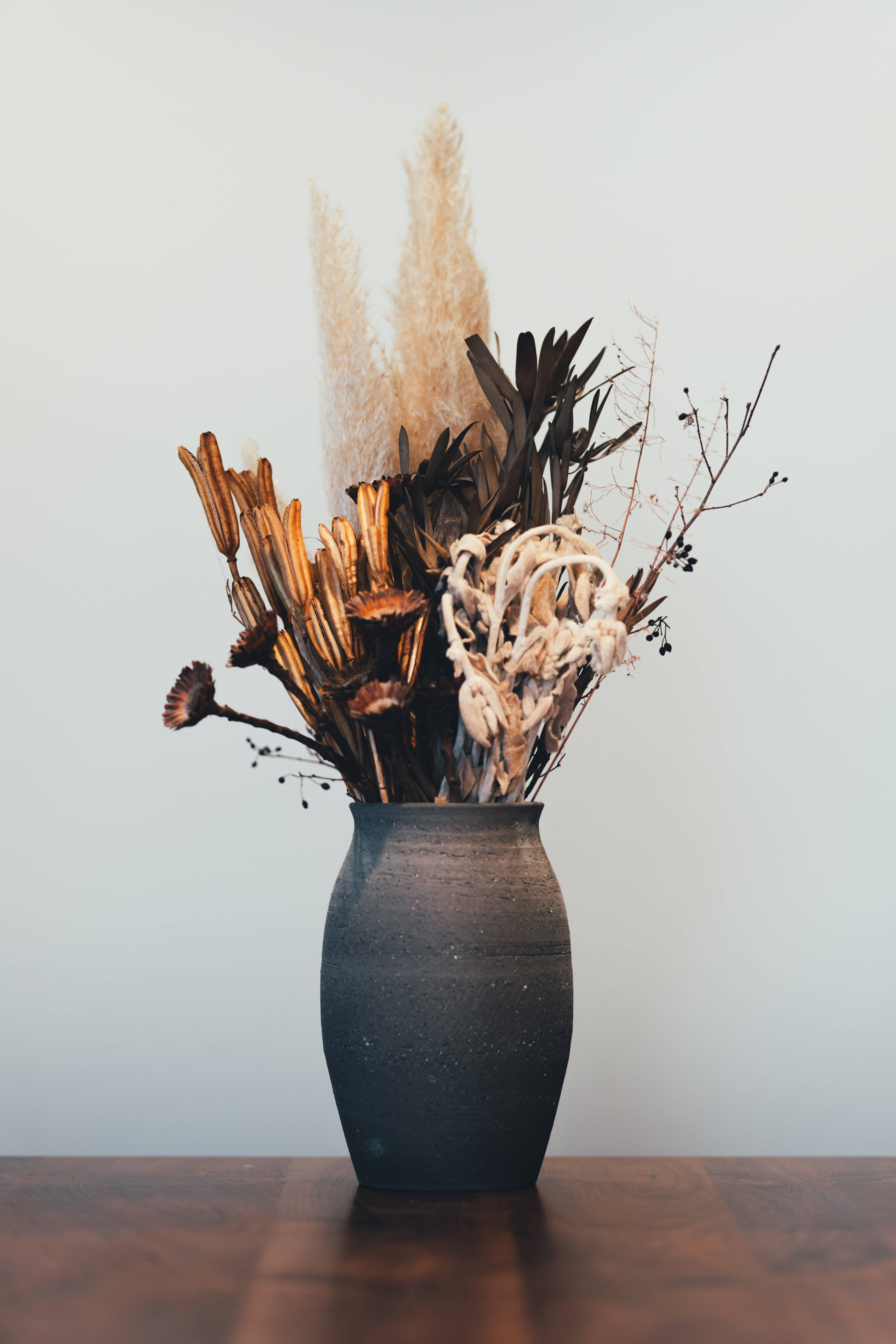 dark ceramic vase, textured arrangement, dried pampas grass, 5K Phone Wallpaper