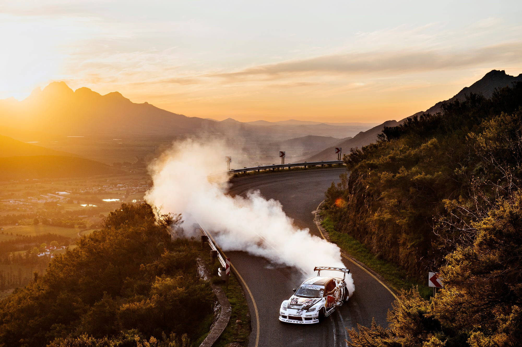 white rally car, mountain bend, sunset, Full HD Desktop Wallpaper